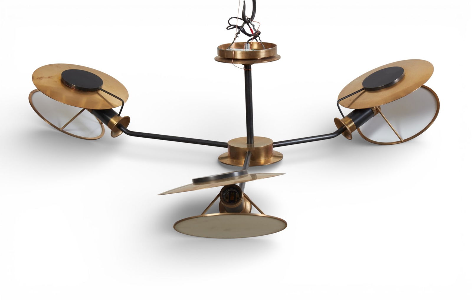 A Thomas O' Brien Osiris design three light bronze and brass chandelier: A Thomas O' Brien Osiris design three light bronze and brass chandelier height 14 x width 38 in. (35.6 x 96.5 cm.)