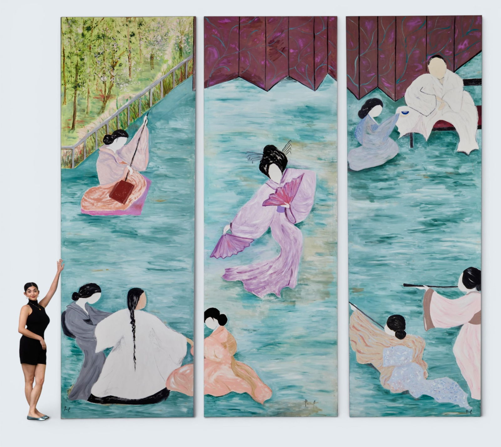 Suzanne Regan Pascal (American, 1914-2021), A monumental triptych painting, oil on canvas, Each: Suzanne Regan Pascal American 1914-2021 A monumental triptych painting oil on canvas each panel signed 'Pascal' dated 1988 Each Panel: 216 x 72 in. (548.6 x 182.9 cm.)