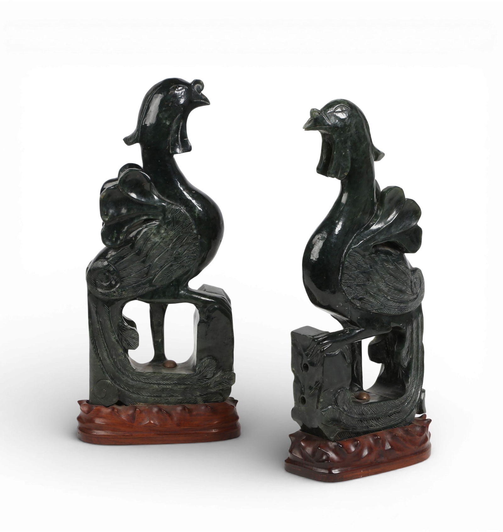 A pair of hand carved hardstone phoenix birds with wood stands (1 of 4)