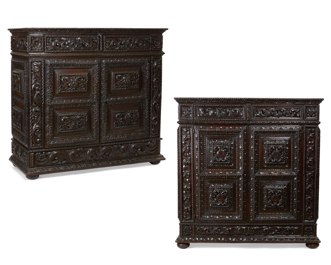 Two similar Continental Baroque style stained walnut cabinets, 19th century (1 of 9)
