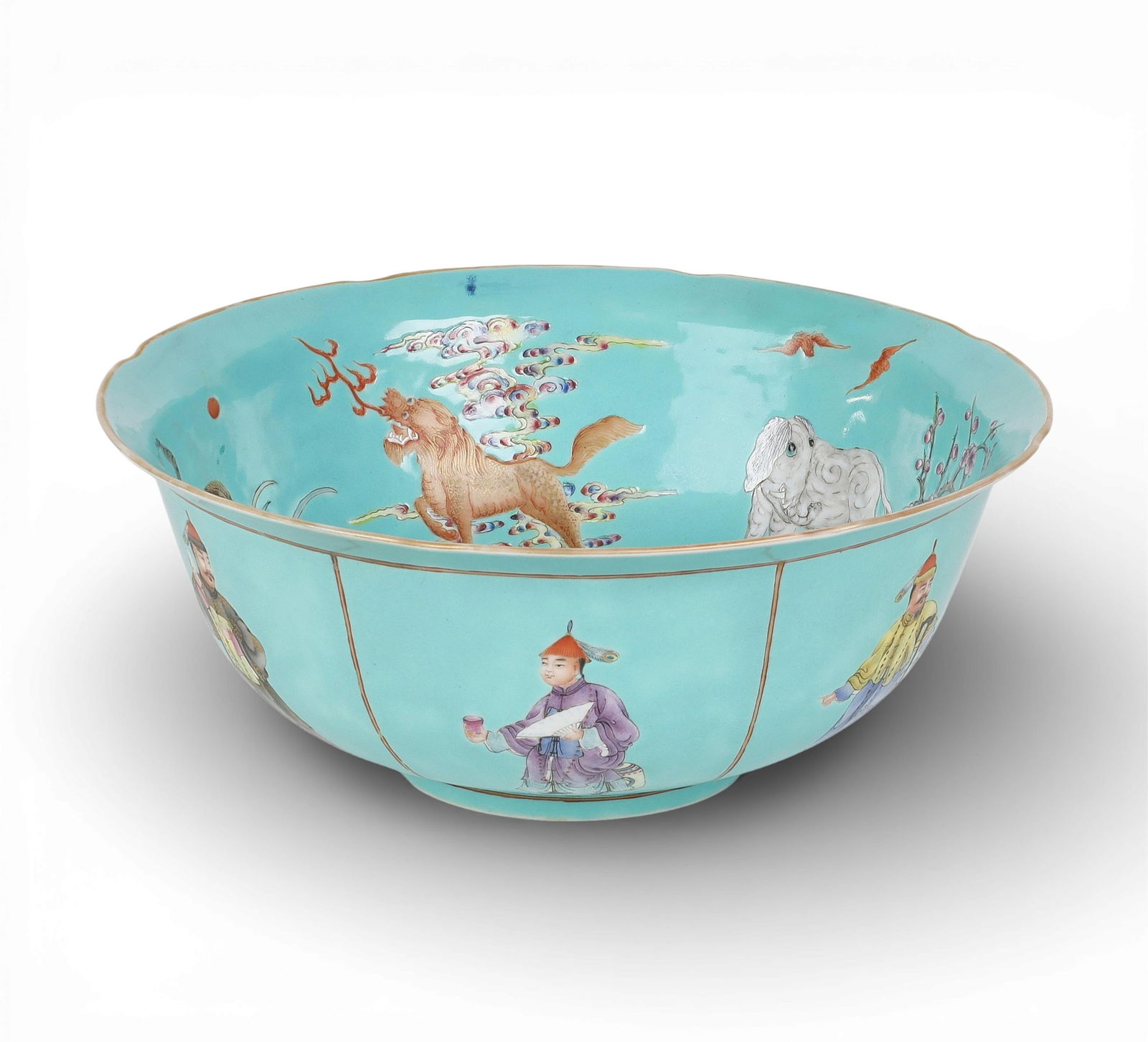 A Chinese turquoise ground porcelain bowl: A Chinese turquoise ground porcelain bowlThe exterior decorated with six figures, the interior decorated with animals, with square seal mark to underside.height 4in (10cm); diameter 10in (25.5cm) Prov