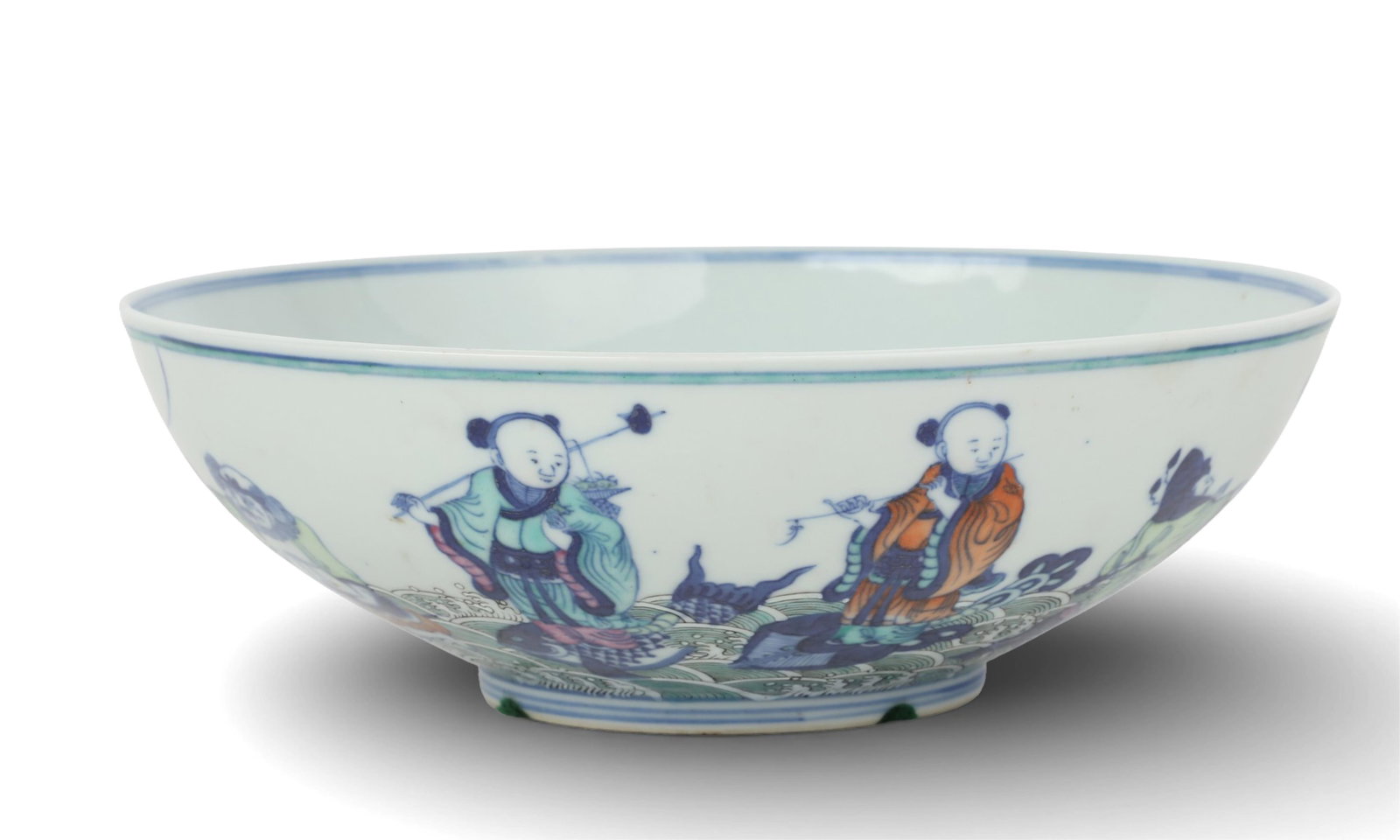A Chinese wucai porcelain bowl: A Chinese wucai porcelain bowlSix character mark to underside.height 3in (7.5cm); diameter 8 3/4in (22cm) Provenance:Property from a Private Collection, San Francisco, California.