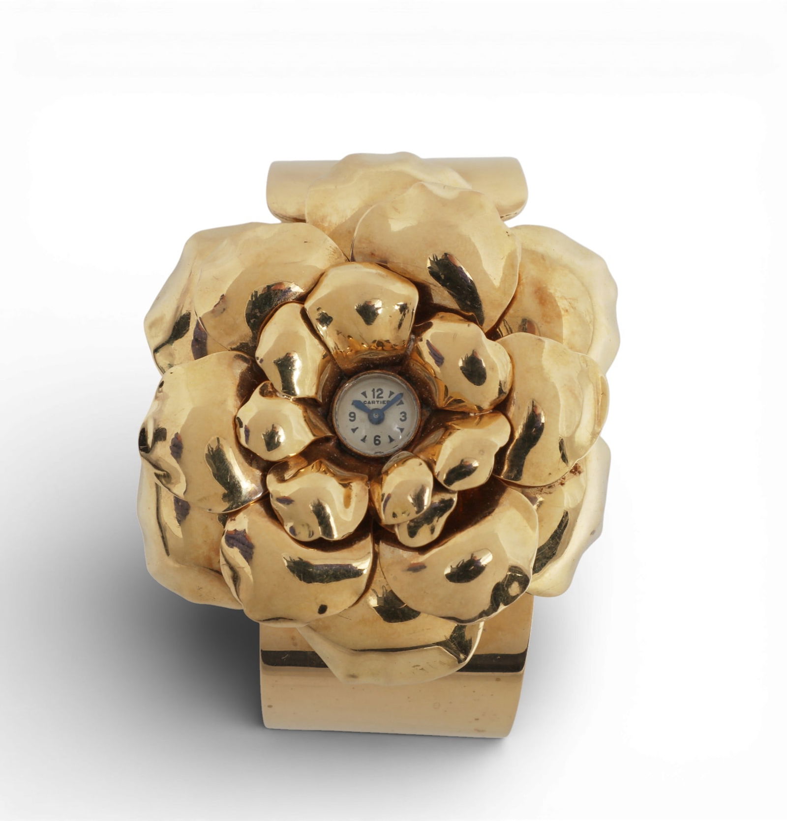 Cartier: An 18K yellow gold bracelet watch,floral top measures approximately 1.75in (43mm) (1 of 8)