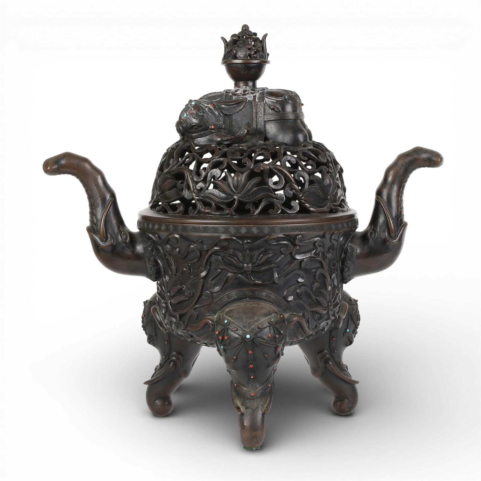 A large Chinese turquoise and coral cabochon inset bronze censer: A large Chinese turquoise and coral cabochon inset bronze censerWith impressed square seal to underside.height 20in (51cm); width 19 1/4in (49cm); depth 11 1/2in (29cm) Provenance:Property from a Pri