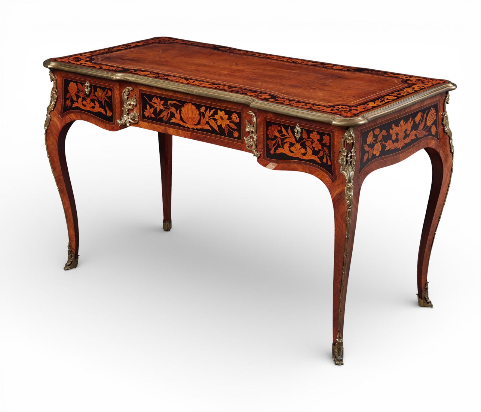 A Victorian gilt bronze mounted walnut and marquetry bureau plat, manner of Edward Holmes Baldock: A Victorian gilt bronze mounted walnut and floral marquetry bureau platin the manner of Edward Holmes Baldockmid 19th centuryFitted with two frieze drawers.height 29 1/2in (75cm); width 49in (124cm);