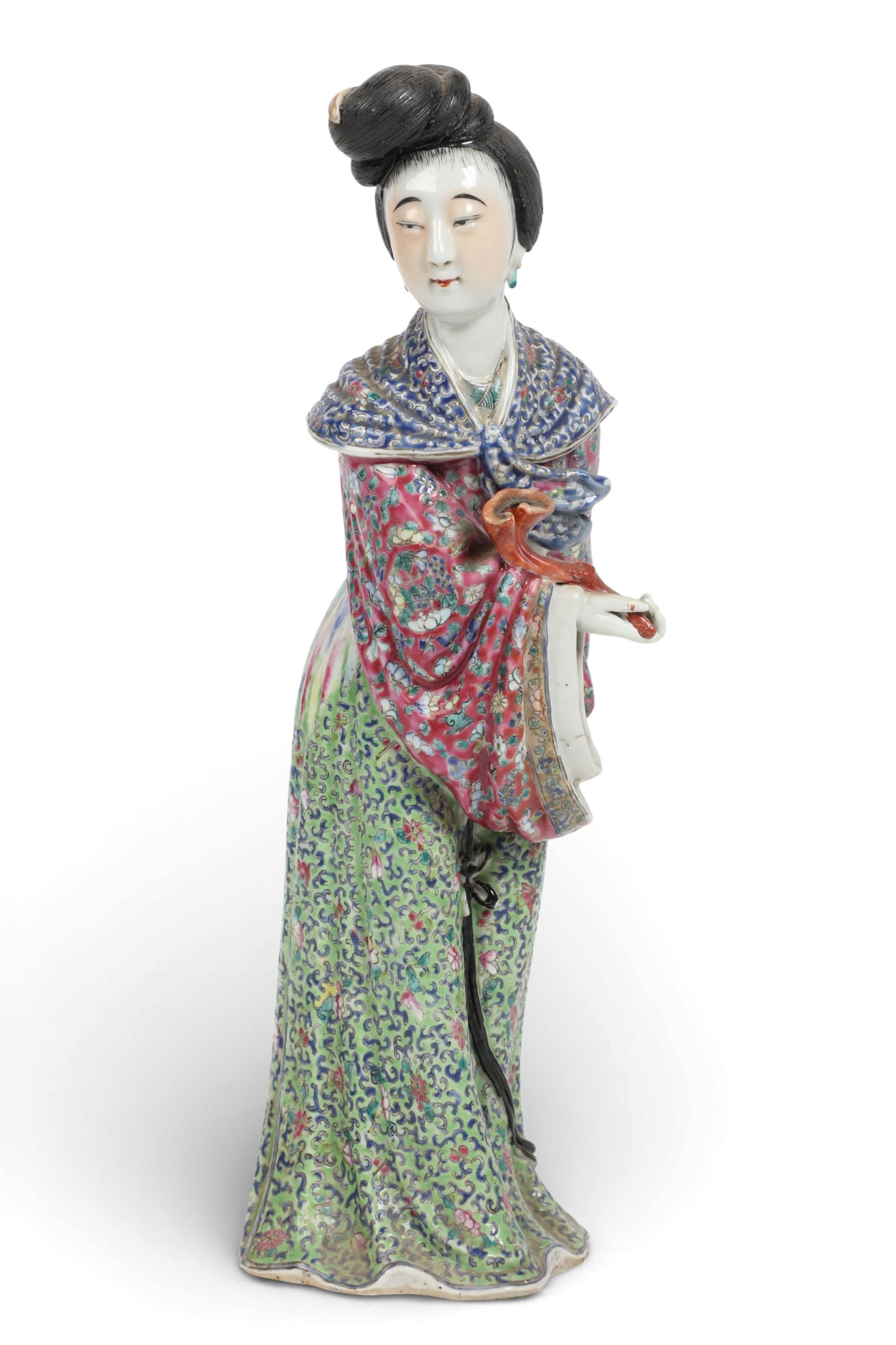 A Chinese Export Famille Rose porcelain model of Guanyin: A Chinese Export Famille Rose porcelain model of GuanyinRaised square mark to underside.height 12 3/4in (32.5cm); width 4 1/4in (10.5cm); depth 4 1/2in (11.5cm) Provenance:Property from a Private Col