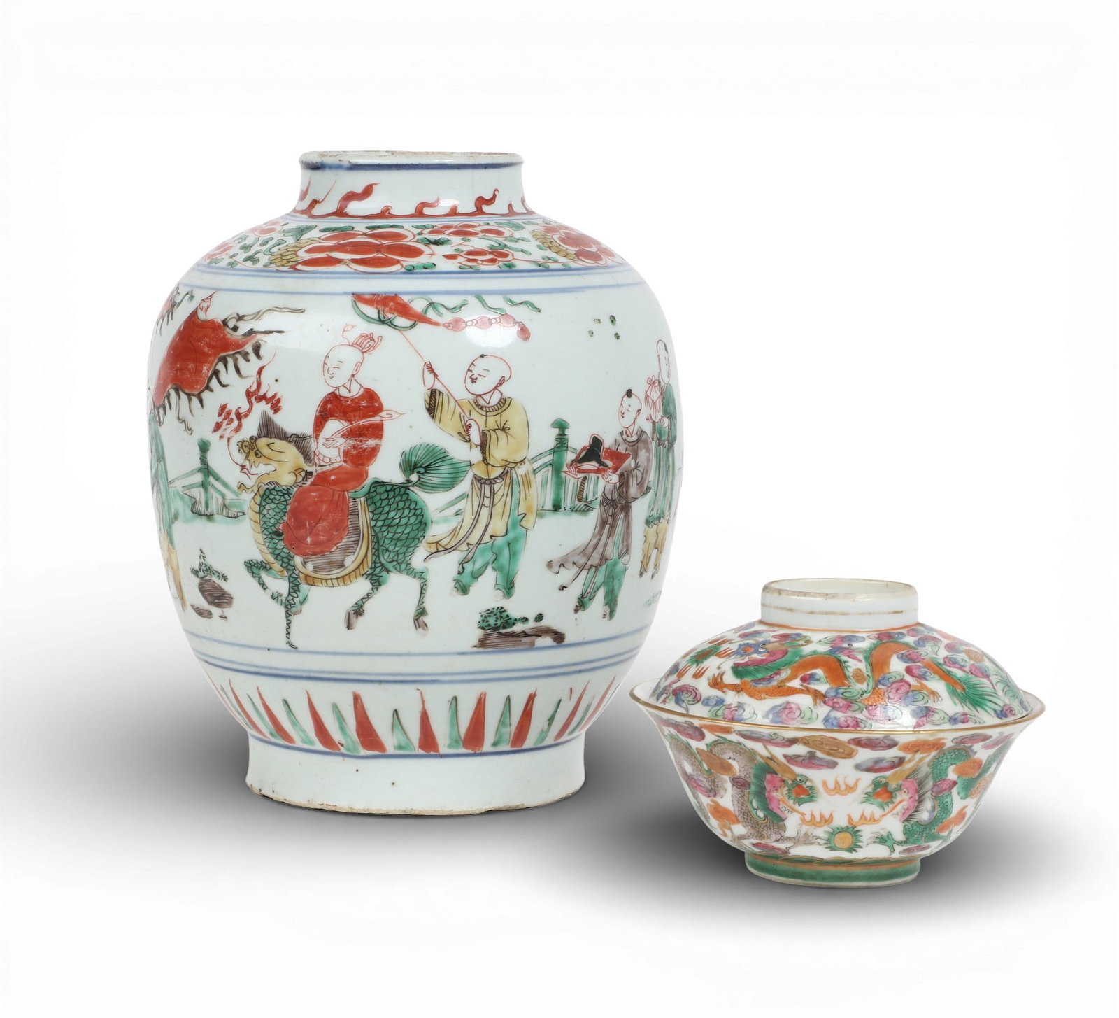 A Chinese Transitional style wucai glazed porcelain jar and polychrome enameled covered bowl (1 of 8)