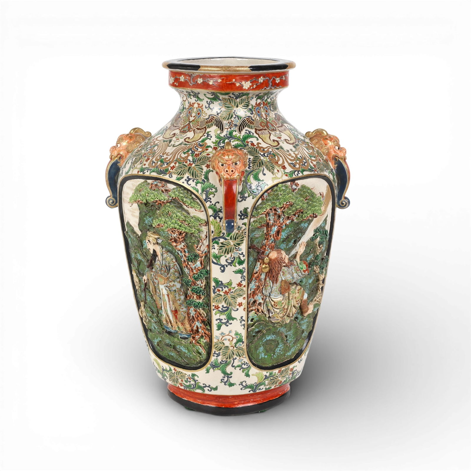 A Japanese Satsuma relief decorated vase: A Japanese Satsuma relief decorated vaseWith character marks to underside.height 14in (36cm); width 9in (23cm) square Provenance:Property from a Private Collection, San Francisco, California.