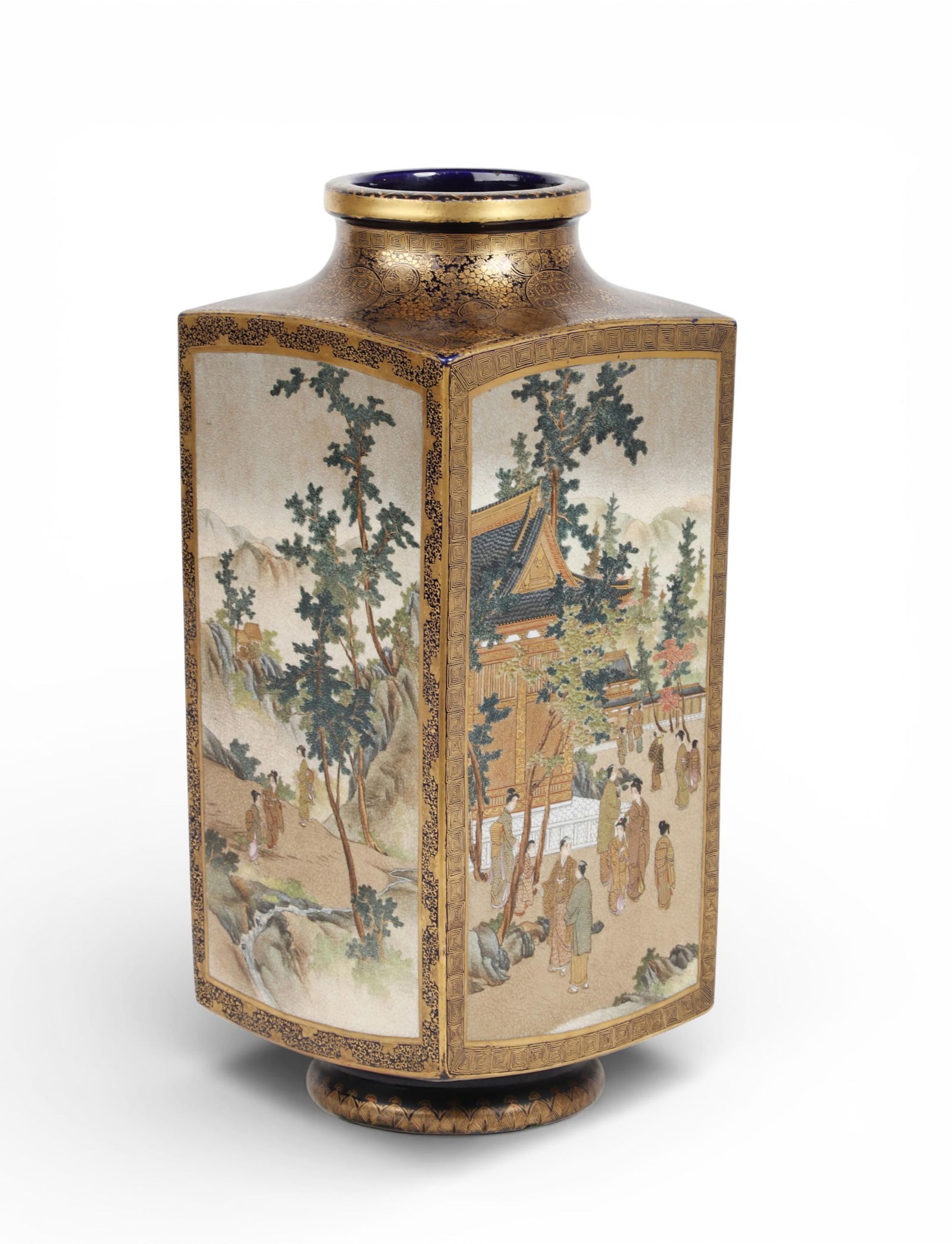 A large Japanese Satsuma square vase: A large Japanese Satsuma square vaseWith painted marks to underside.height 18 1/2in (47cm); width 8in (20cm); depth 8in (20cm) Provenance:Property from a Private Collection, San Francisco, California