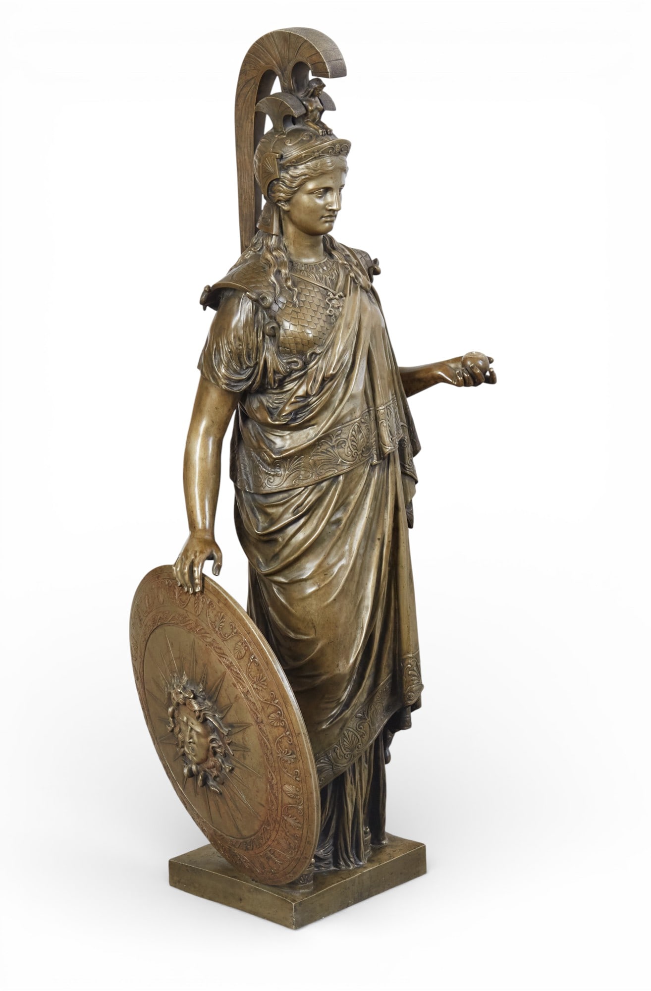 A large French patinated bronze figure of Minerva, late 19th/early 20th century: A large French patinated bronze figure of Minervalate 19th/early 20th centuryheight 41 1/2in (105cm); width 16in (41cm); depth 15in (38cm) Provenance:Property from the Collection of Larry Bond, Utah.