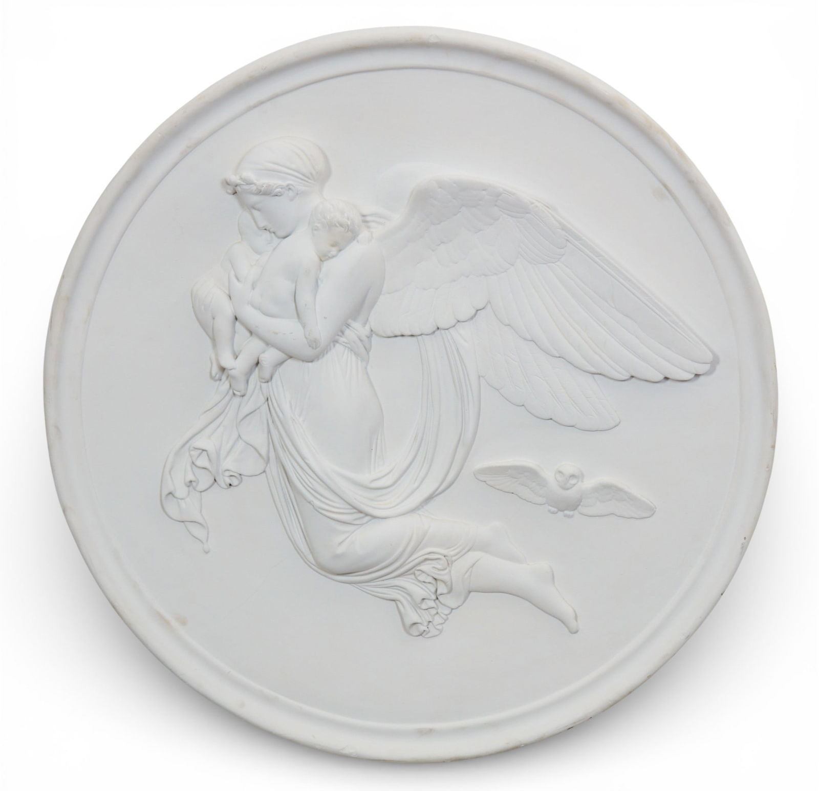 A Neoclassical style plaster plaque; Night, after the model by Bertel Thorvaldsen, 20th century: A Neoclassical style plaster plaque; Nightafter the model by Bertel Thorvaldsen20th centurydiameter 35in (89cm) Provenance:Property from the Collection of Donald Putterman and Marla Sturges, Sa