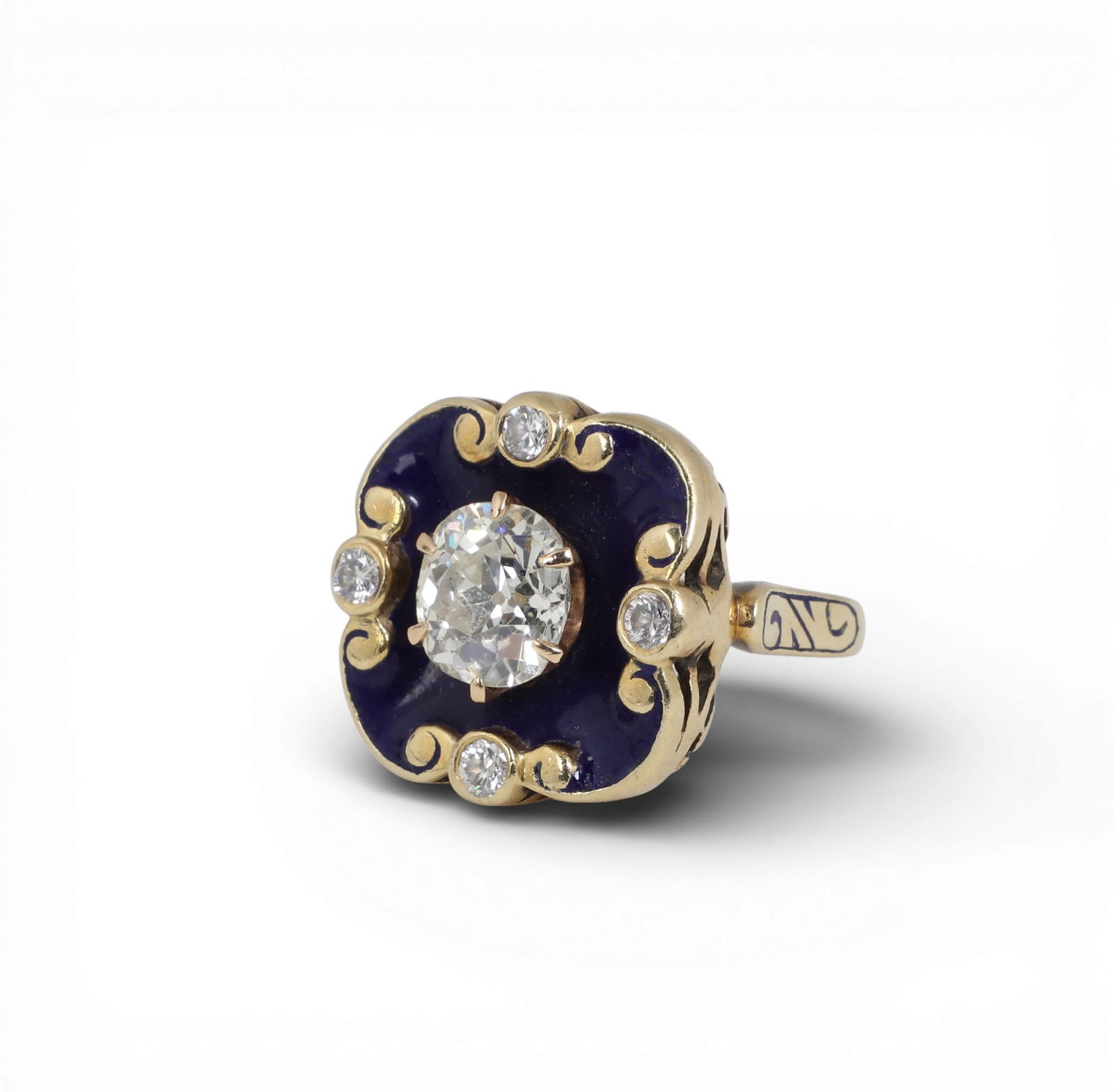 A diamond, enamel and 14K yellow gold ring,gross weight approximately 11.5 grams (1 of 7)