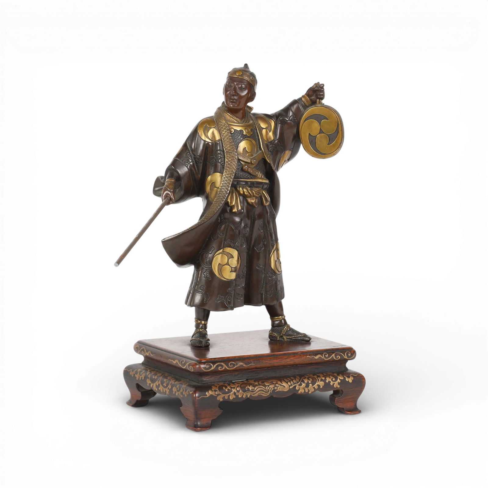 A Japanese gilt and patinated bronze figure on hardwood stand, probably Miyao Eisuke of Yokohama (1 of 9)