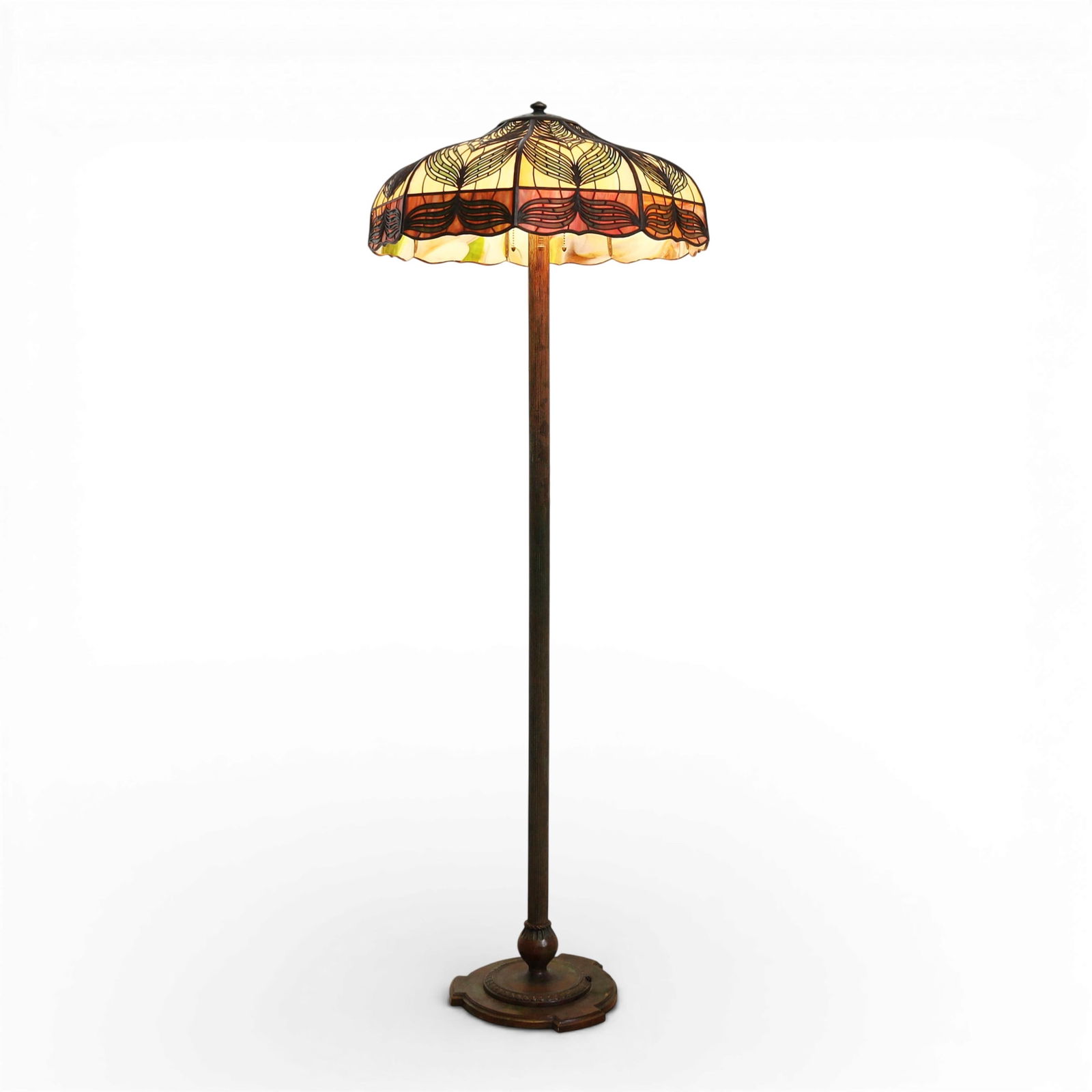 A HandelTeroca' leaded slag glass and patinated mixed metal green feather floor lamp, early 20th (1 of 8)