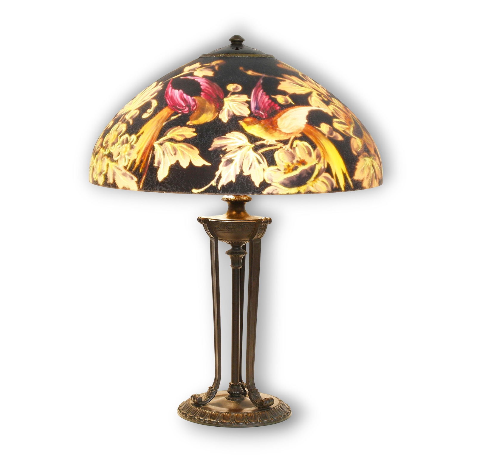 A Handel reverse painted glass and patinated mixed metal Birds of Paradise table lamp, early 20th (1 of 8)