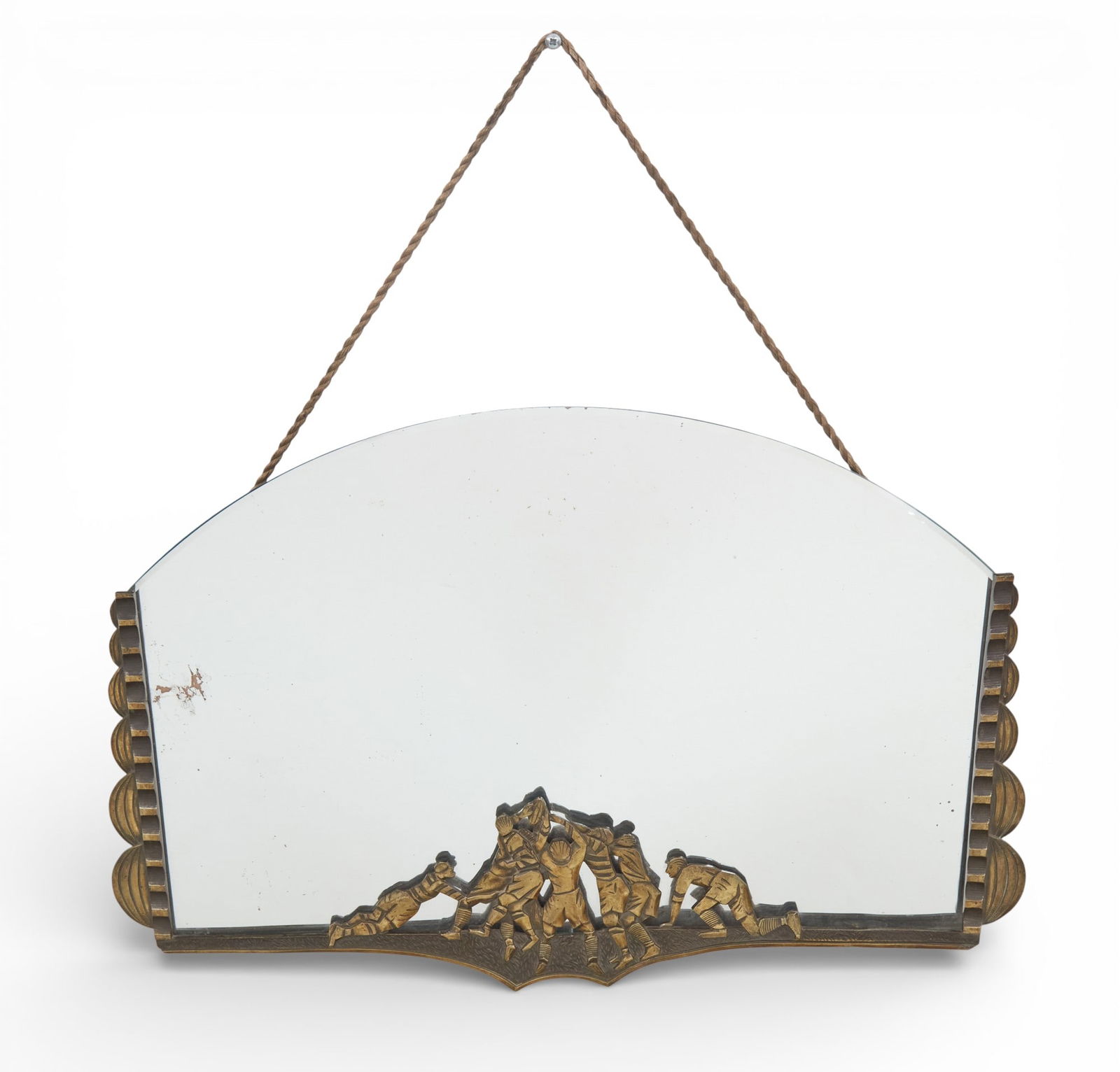 A French Art Deco patinated bronze mirror, second quarter 20th century: A French Art Deco patinated bronze mirrorsecond quarter 20th centuryDecorated with seven rugby players competing for the ball, stamped 74 three times to the reverse.height 21 1/4in (54cm); width 31 1/
