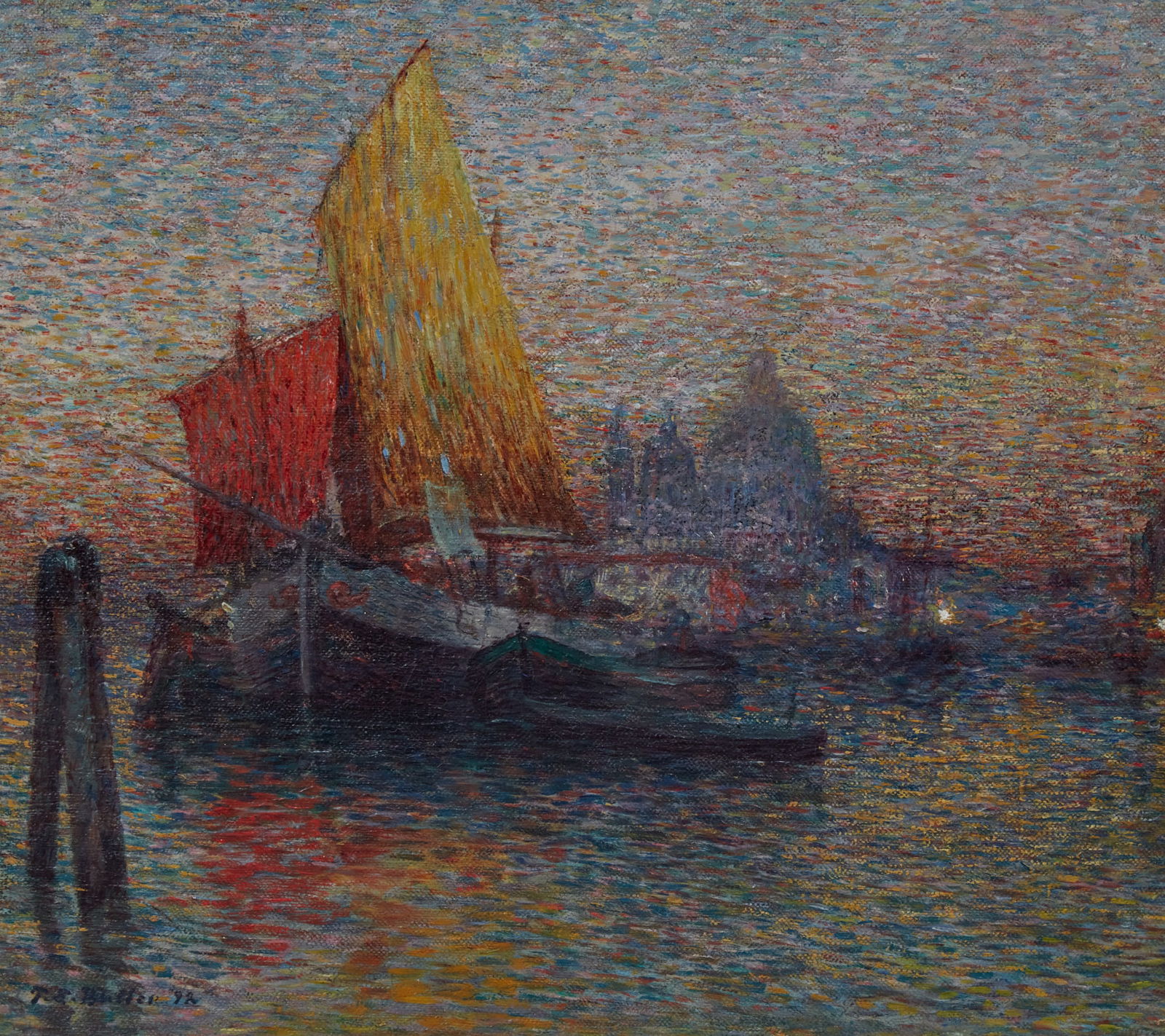 Theodore Earl Butler (American, 1861-1936), Sailboats in harbor, 1892, oil on canvas, 17 1/2 x 19: Theodore Earl Butler(American, 1861-1936)Sailboats in harbor, 1892oil on canvassigned lower left E. Butler and dated17 1/2 x 19 1/2in (44.5 x 49.5cm)