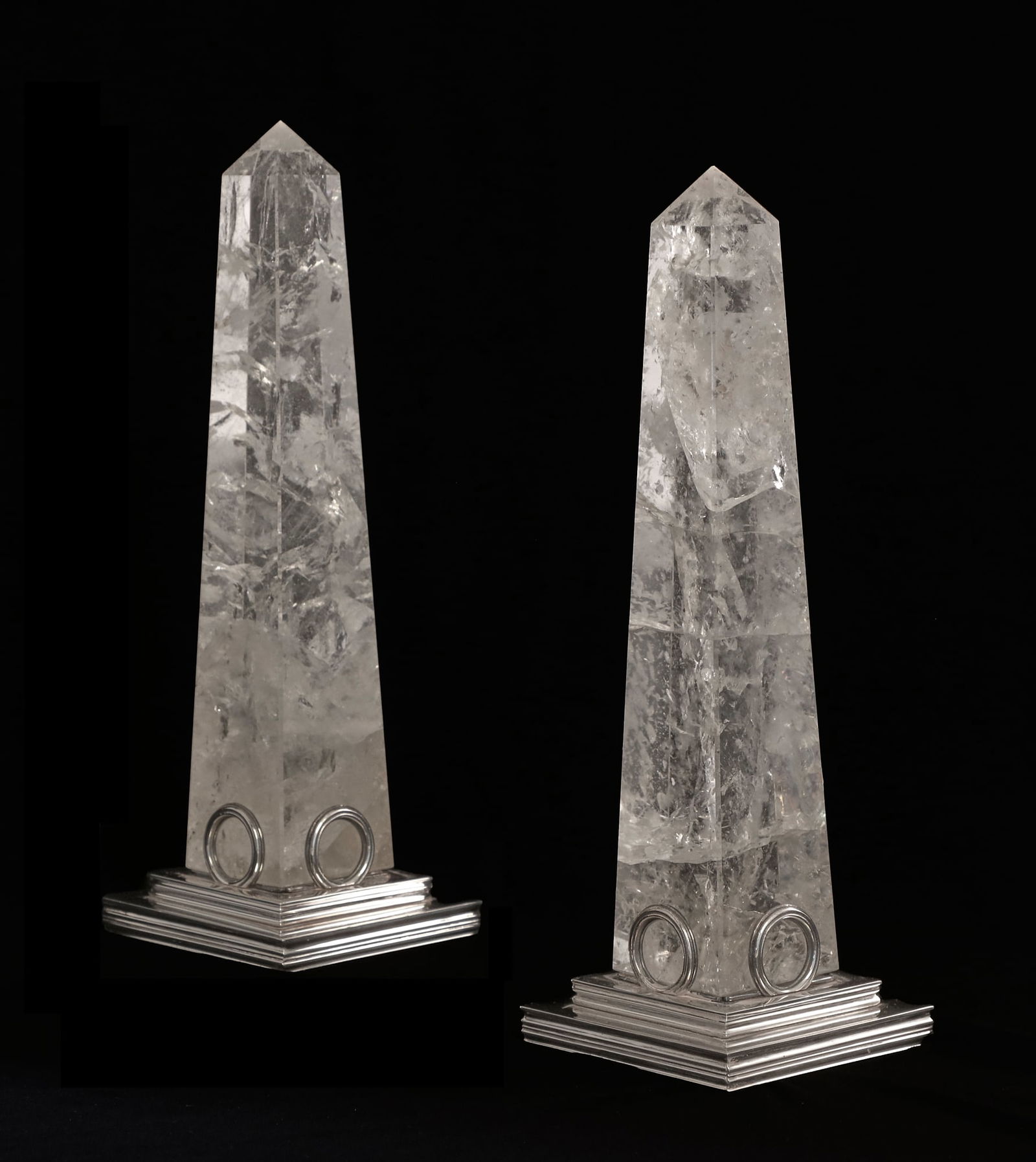 A pair of De Vecchi sterling silver and rock crystal obelisks, Milan, modern: A pair of De Vecchi sterling silver and rock crystal obelisksMilanmodernheight 9 1/2in (24cm); width 3 1/4in (8cm) square Provenance:Property from the Collection of Donald Putterman and Marla S