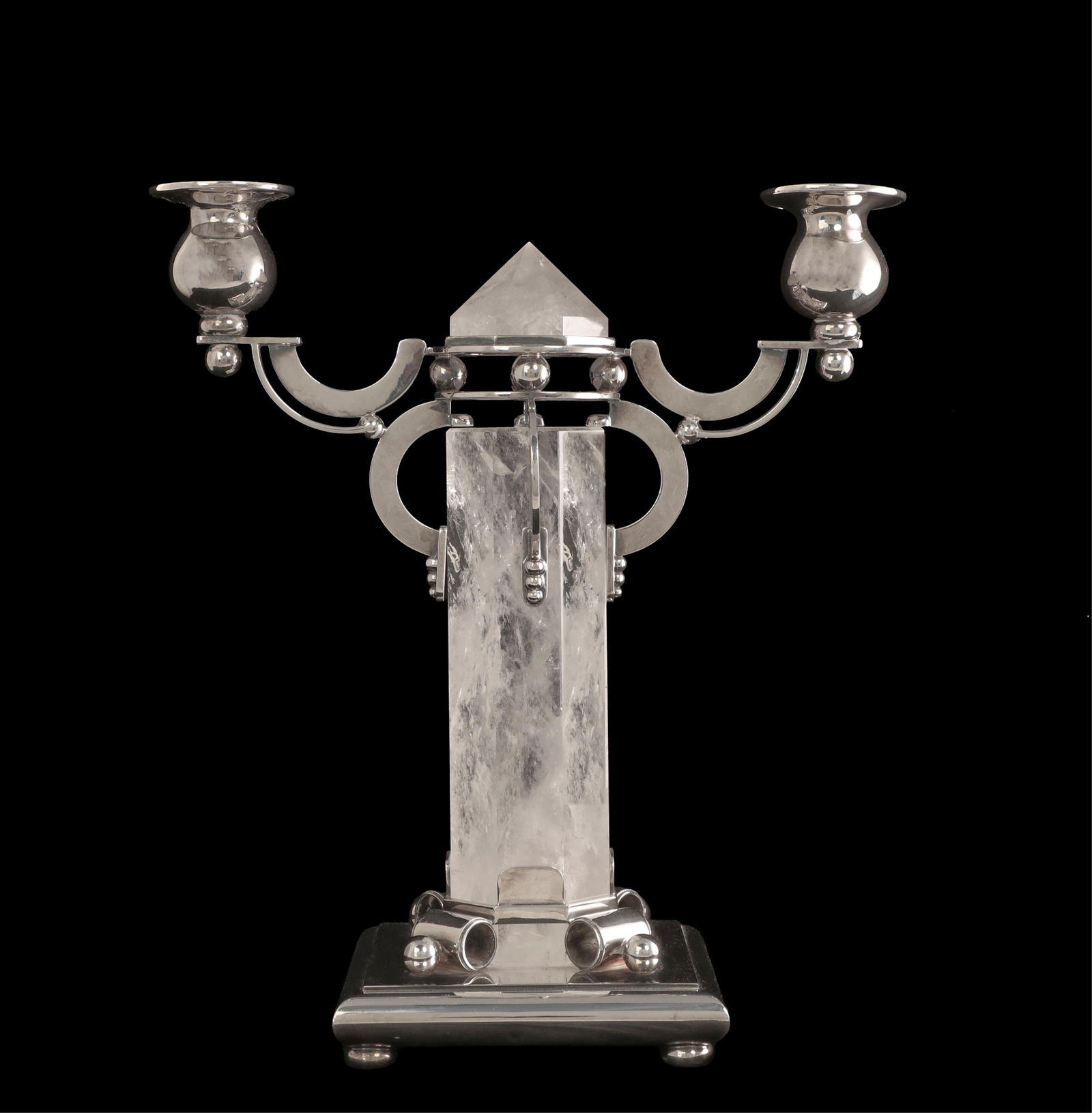 A De Vecchi sterling silver and rock crystal two light candelabrum, Milan, modern (1 of 6)