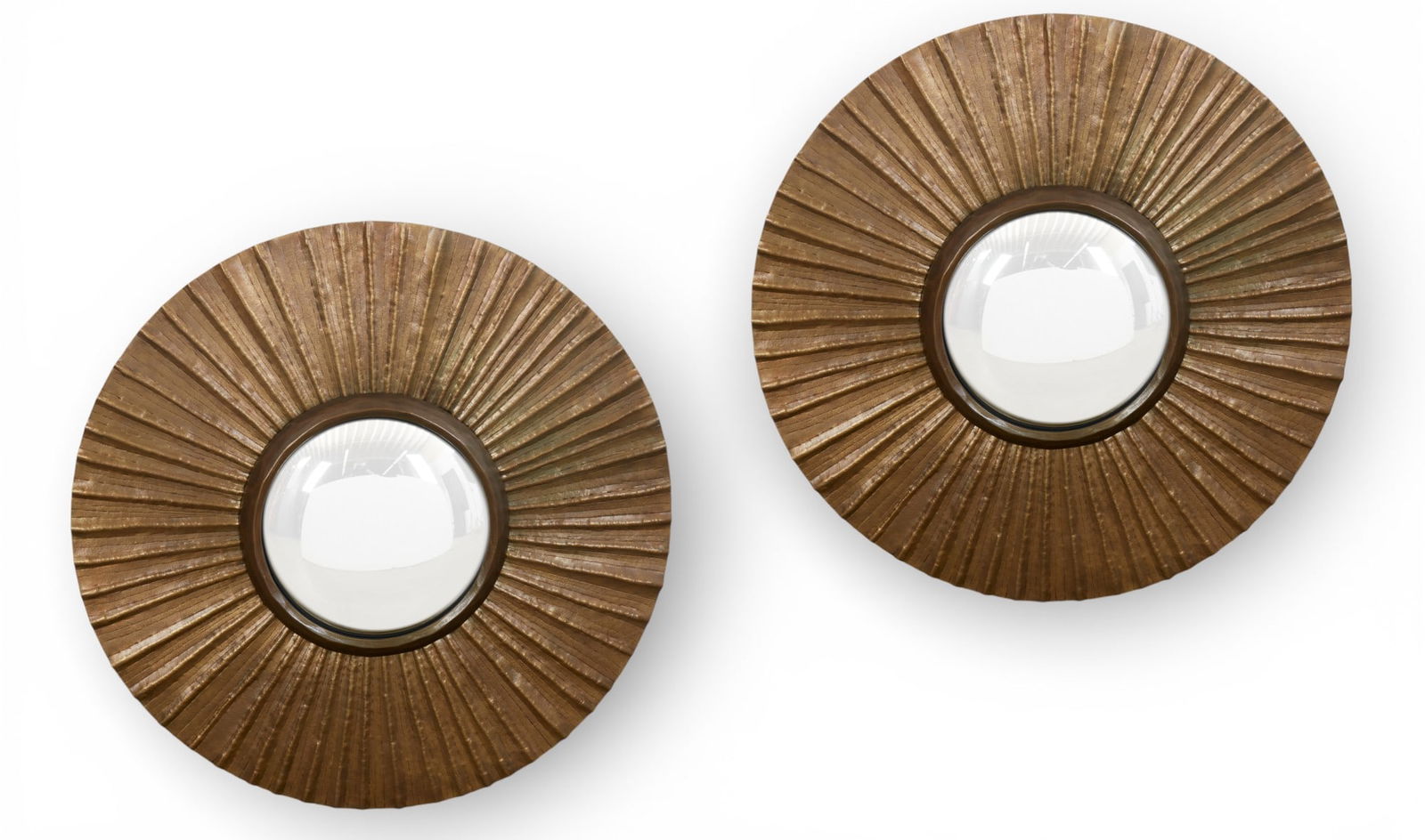 A pair of Herve Van der Straeten bronze circular sunburst convex mirrors, modern: A pair of Herve Van der Straeten bronze circular sunburst convex mirrorsmodernWith maker's plaques to back.diameter 36in (91.5cm) Provenance:Property from a Private Los Angeles Collection curat