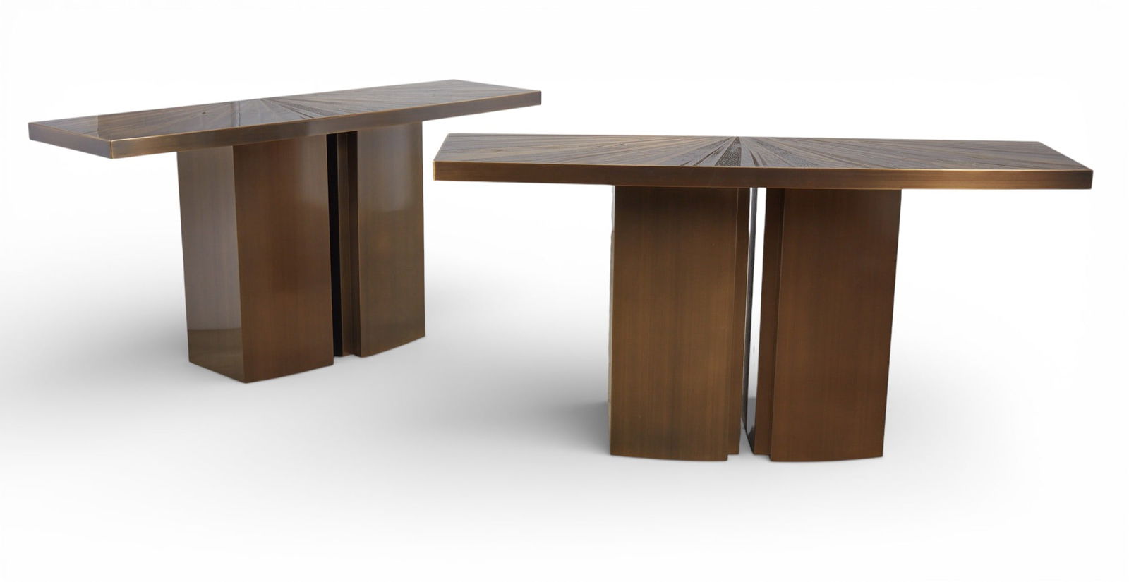 A pair of limited edition Christian Heckscher hand etched bronze SVDA console tables, modern: A pair of limited edition Christian Heckscher hand etched bronze SVDA console tablesmodernEach with raised signature to right side of top and numbered respectively 1/20 and 2/20.height 33 1/2in (85cm)