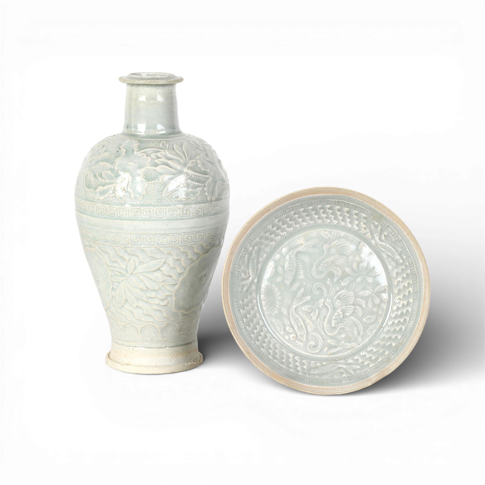 An unusual Asian celadon glazed pottery vase and dish (1 of 7)
