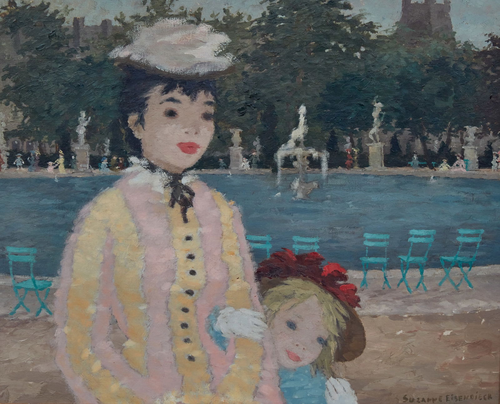 Suzanne Eisendieck (German/Polish, 1908-1998), Mother and daughter at the park fountain, oil on: Suzanne Eisendieck(German/Polish, 1908-1998)Mother and daughter at the park fountainoil on canvassigned lower right Suzanne Eisendieck18 x 21 3/4in (45 x 54.5cm)