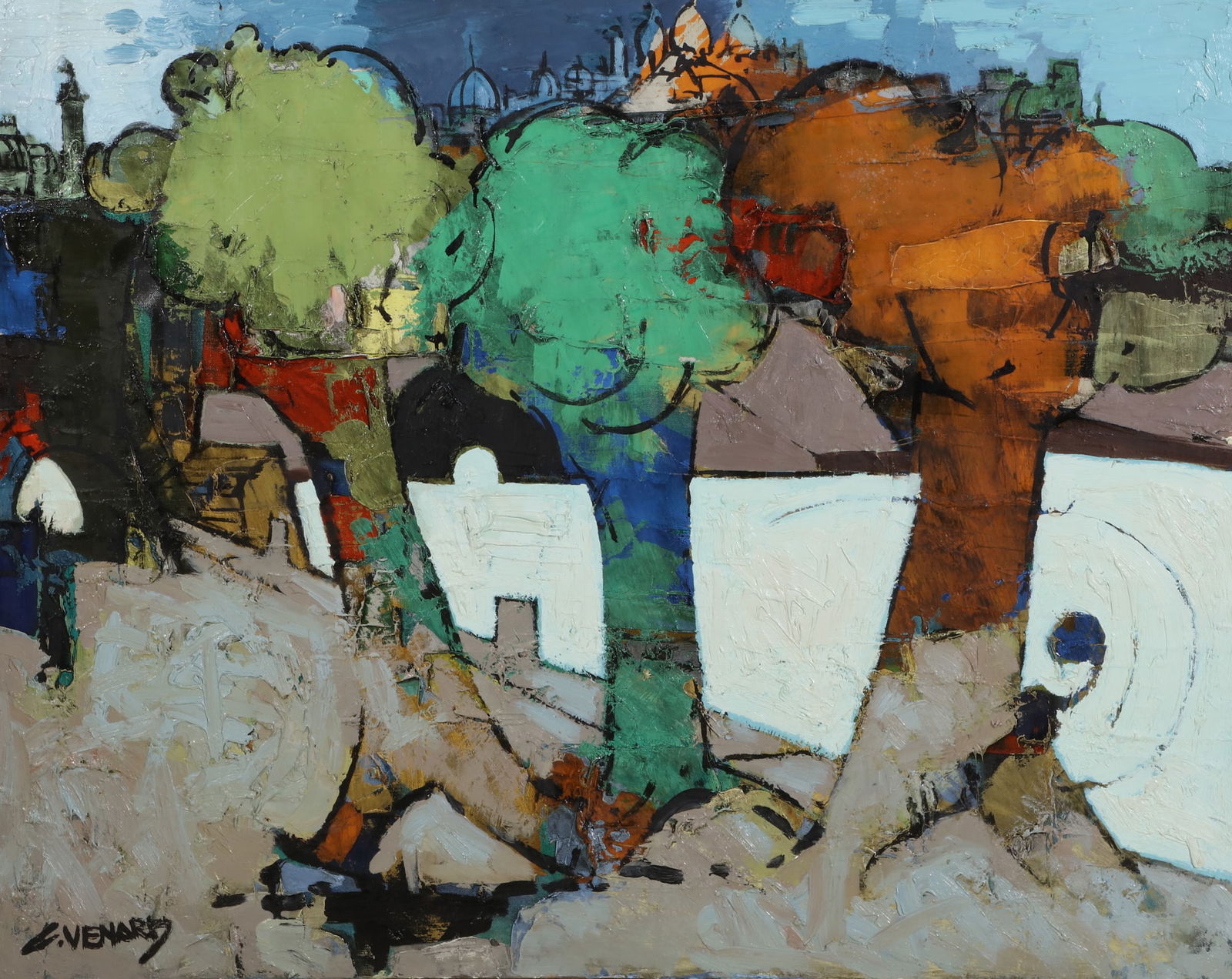 Claude Venard (French, 1913-1999), View of Sacre Coeur, Montmartre, through trees, Paris, oil on (1 of 6)