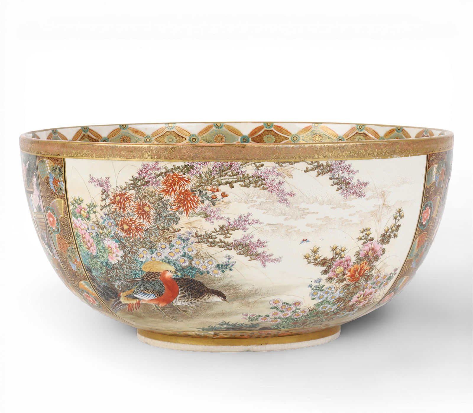 A large Japanese Satsuma bowl: A large Japanese Satsuma bowlPainted marks to underside.height 7 1/2in (19cm); diameter 15 3/4in (40cm) Provenance:The Collection of the Fine Arts Museums, San Francisco, CA.