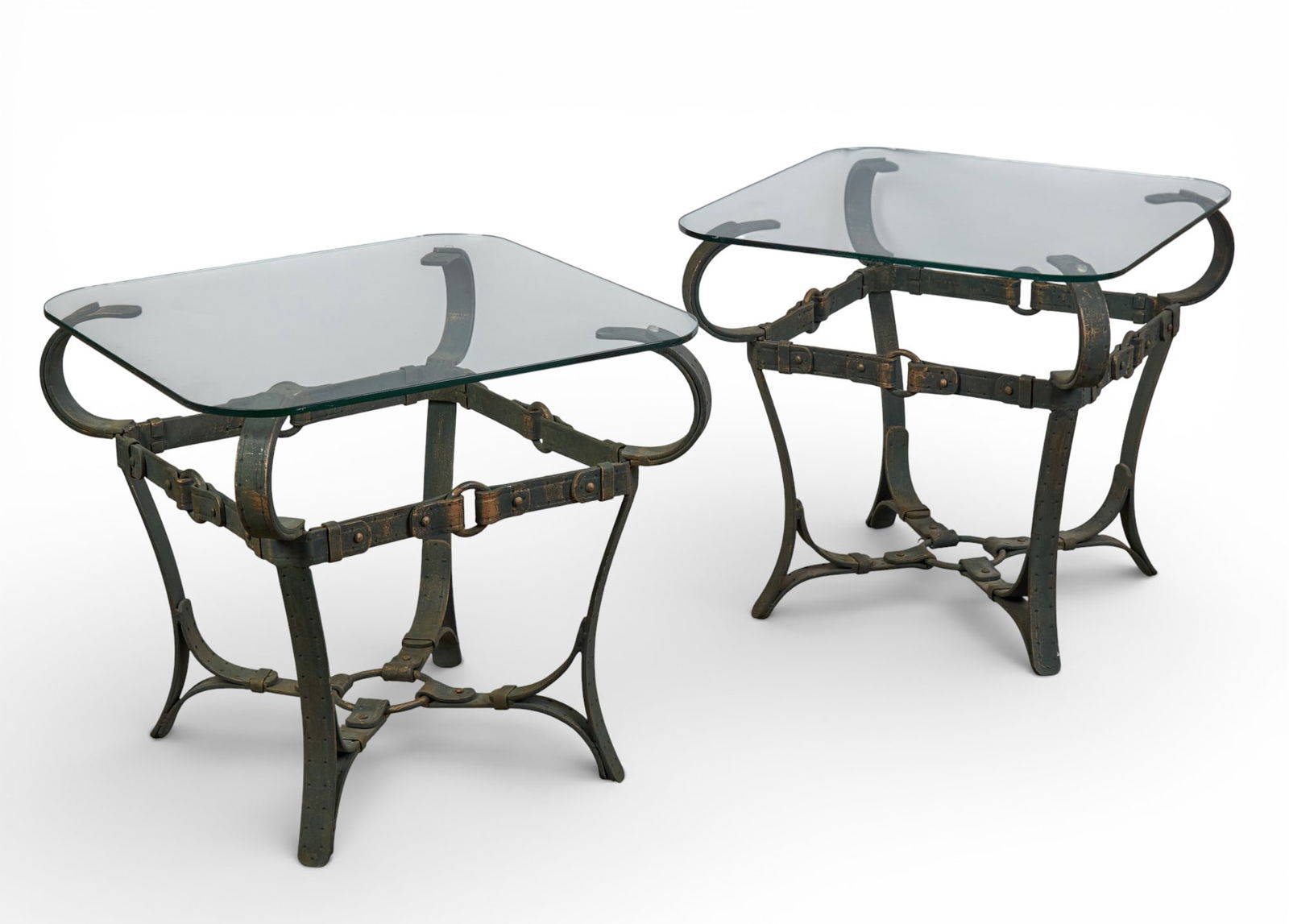 A pair of Modernist patinated iron and glass trompe l'oeil equestrian low occasional tables, in the (1 of 7)