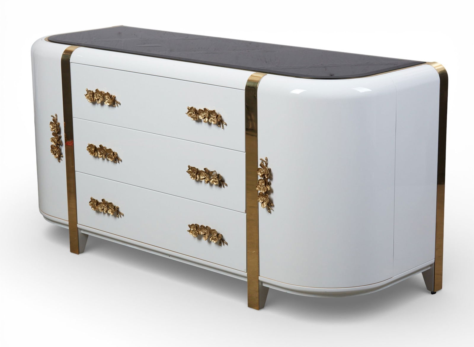 A Koket brass mounted white lacquered Orchidea dresser, modern: A Koket brass mounted white lacquered Orchidea dressermodernheight 32in (81cm); width 67in (170cm); depth 22 1/2in (57cm) Provenance:Property from a Private Los Angeles Collection curated by Martyn L