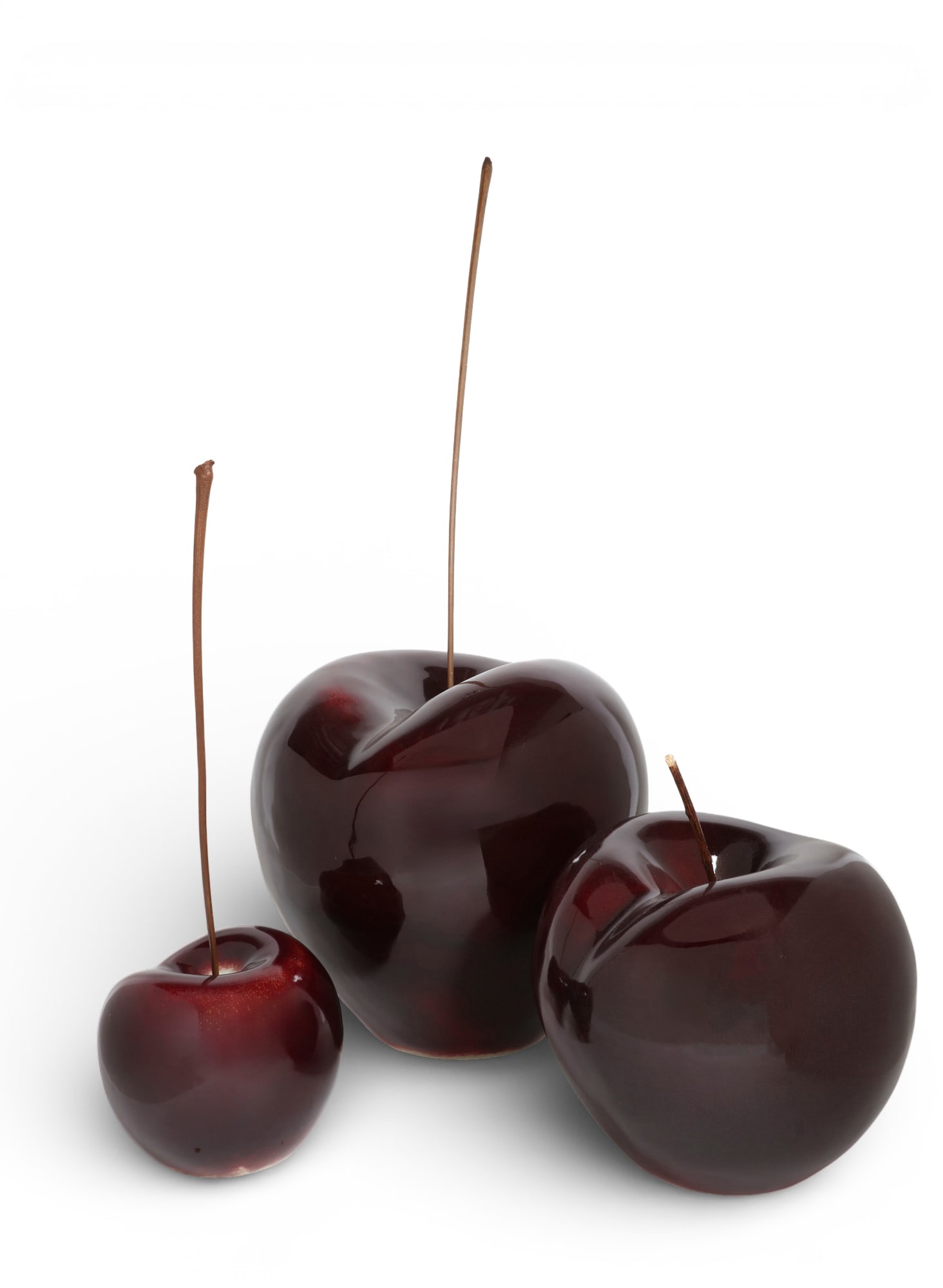 A set of three Lisa Pappon for Bull & Stein glazed ceramic models of cherries, modern: A set of three Lisa Pappon for Bull & Stein glazed ceramic models of cherriesmodernEach with impressed factory mark to underside.largest overall height 42in (107cm); diameter 15in (38cm) Provenance:<