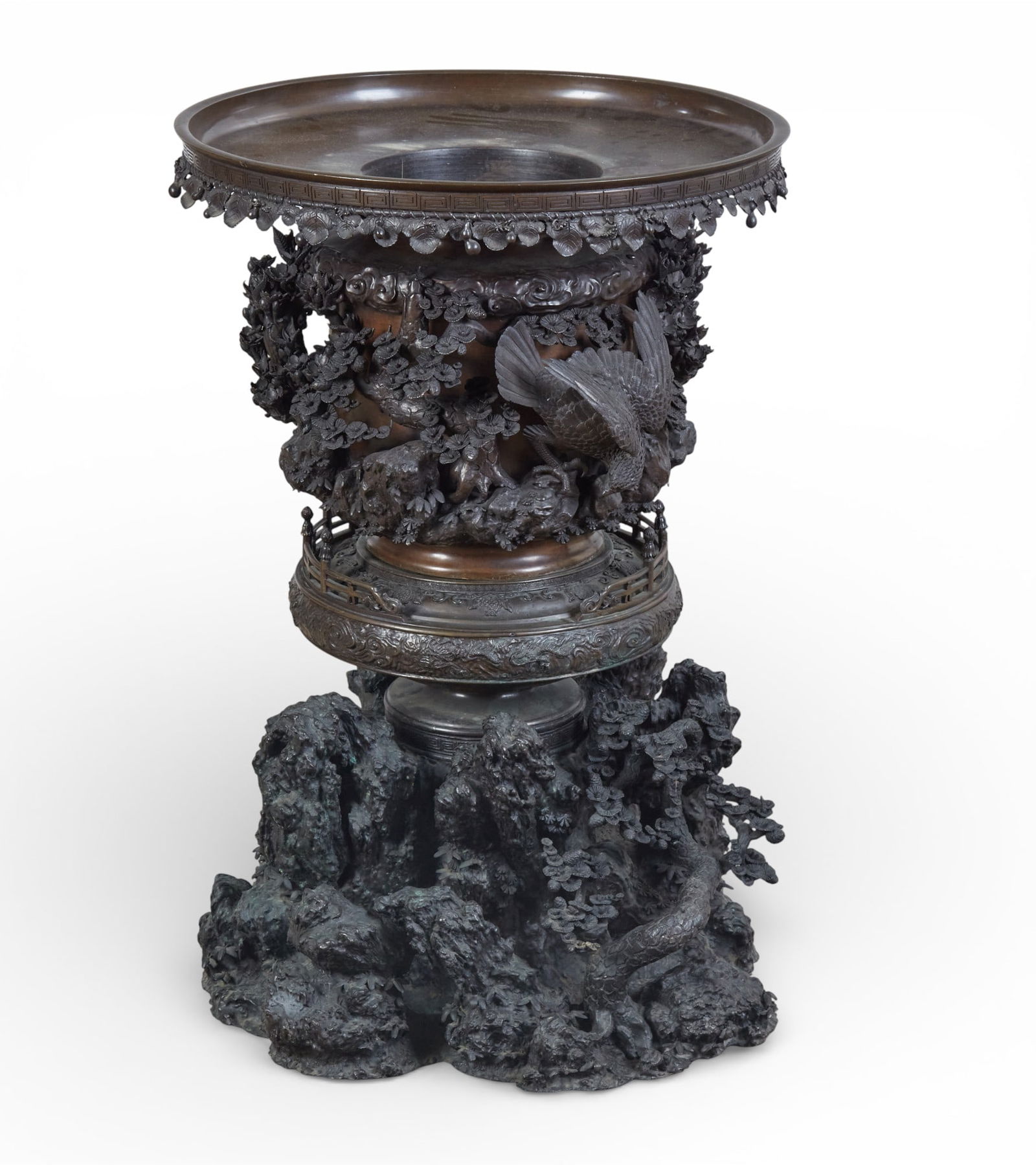 An impressive and imposing Japanese patinated bronze censer: An impressive and imposing Japanese patinated bronze censerheight 31 3/4in (81cm); width 22in (56cm); depth 22in (56cm) Provenance:Property from a Private Collection, San Francisco, California.