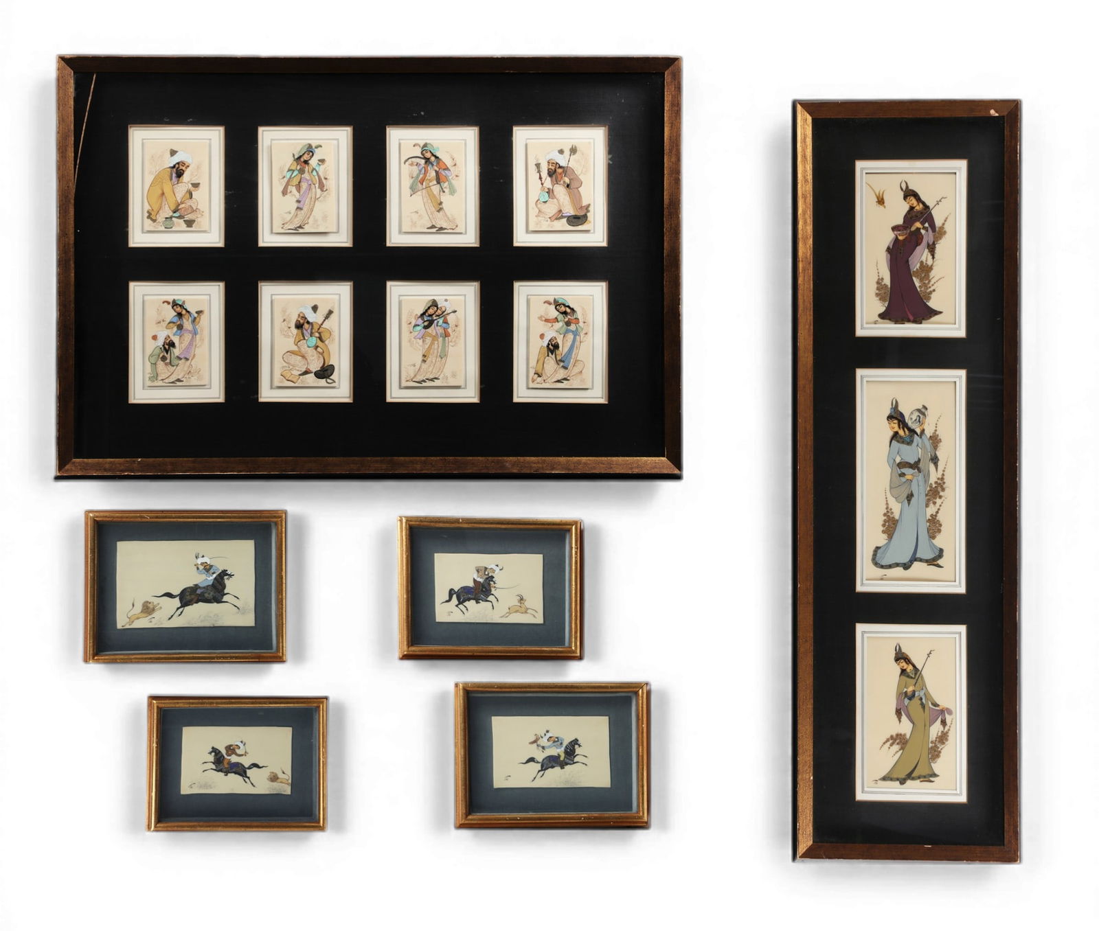 A group of fifteen framed Persian hand painted miniatures: A group of fifteen framed Persian hand painted miniatures Framed with eight : height 17 x width 27 in. (43.2 x 68.6 cm.)