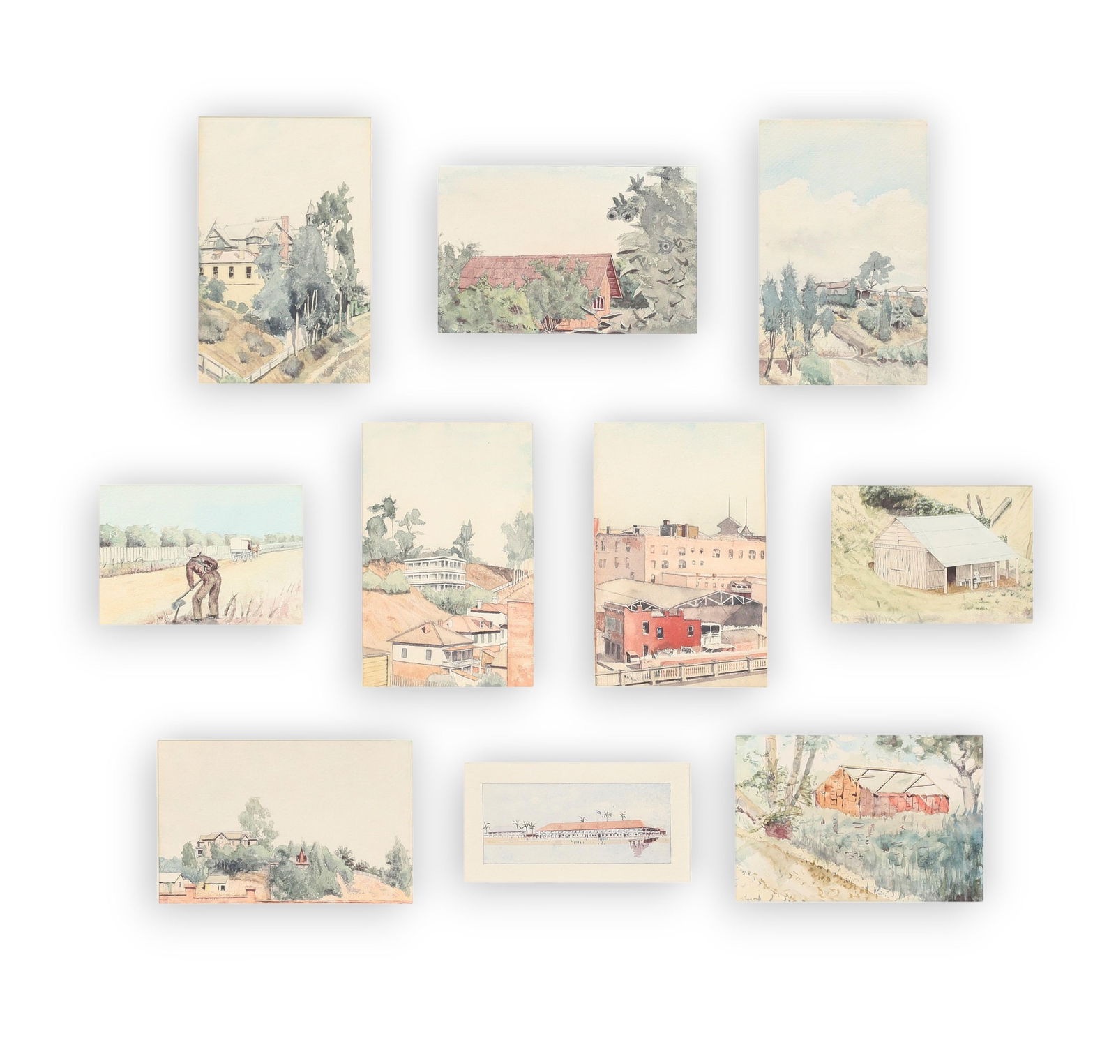 Ray Goss Coates (American, 1857-1945), Ten framed watercolors, watercolors on wove paper, largest:: Ray Goss Coates American 1857-1945 Ten framed watercolors watercolors on wove paper lot includes ten framed watercolors mostly depicting views Pasadena, California and environs as well as of Costa