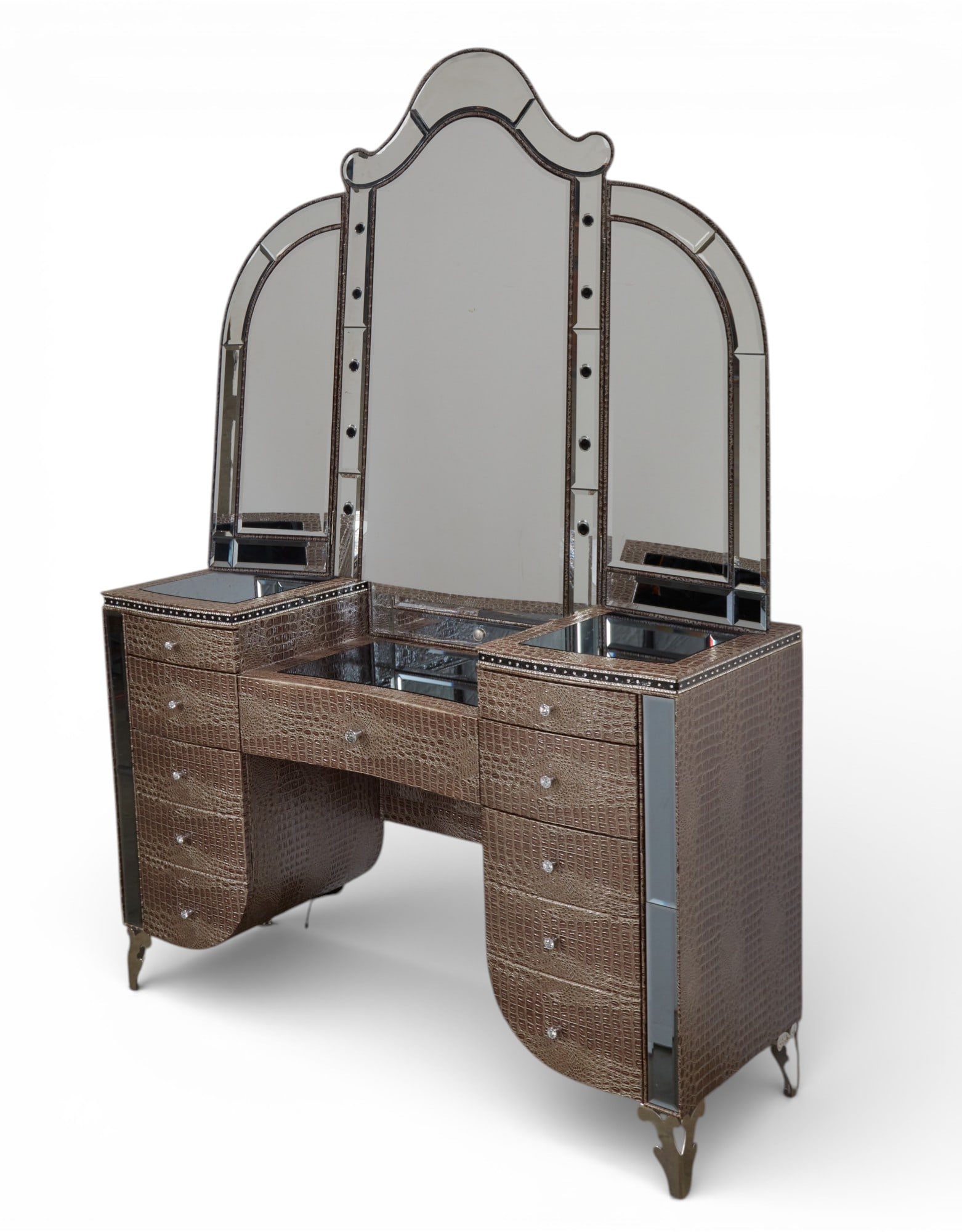 A Jane Seymour Design faux crocodile and mirrored dressing table and lucite swivel chair, modern: A Jane Seymour Design faux crocodile and mirrored dressing table and lucite swivel chair modern height 77in (196cm); width 56in (142cm); depth 18in (46cm)