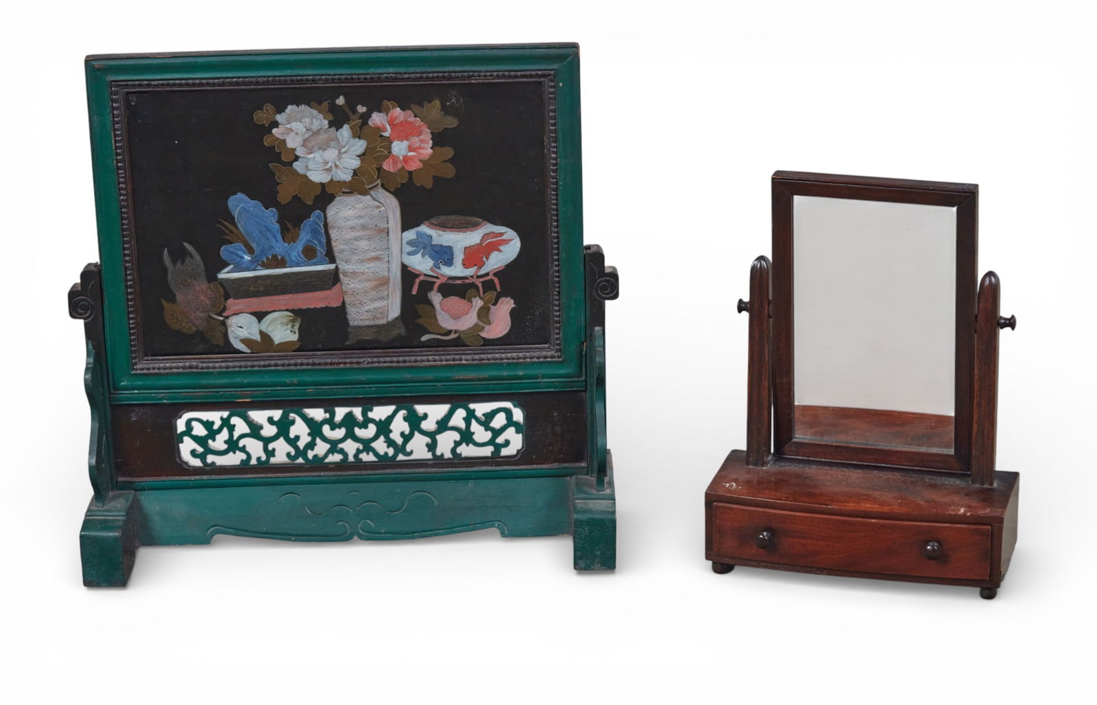 A Chinese reverse painted glass hardwood table screen and a mahogany table mirror (1 of 10)