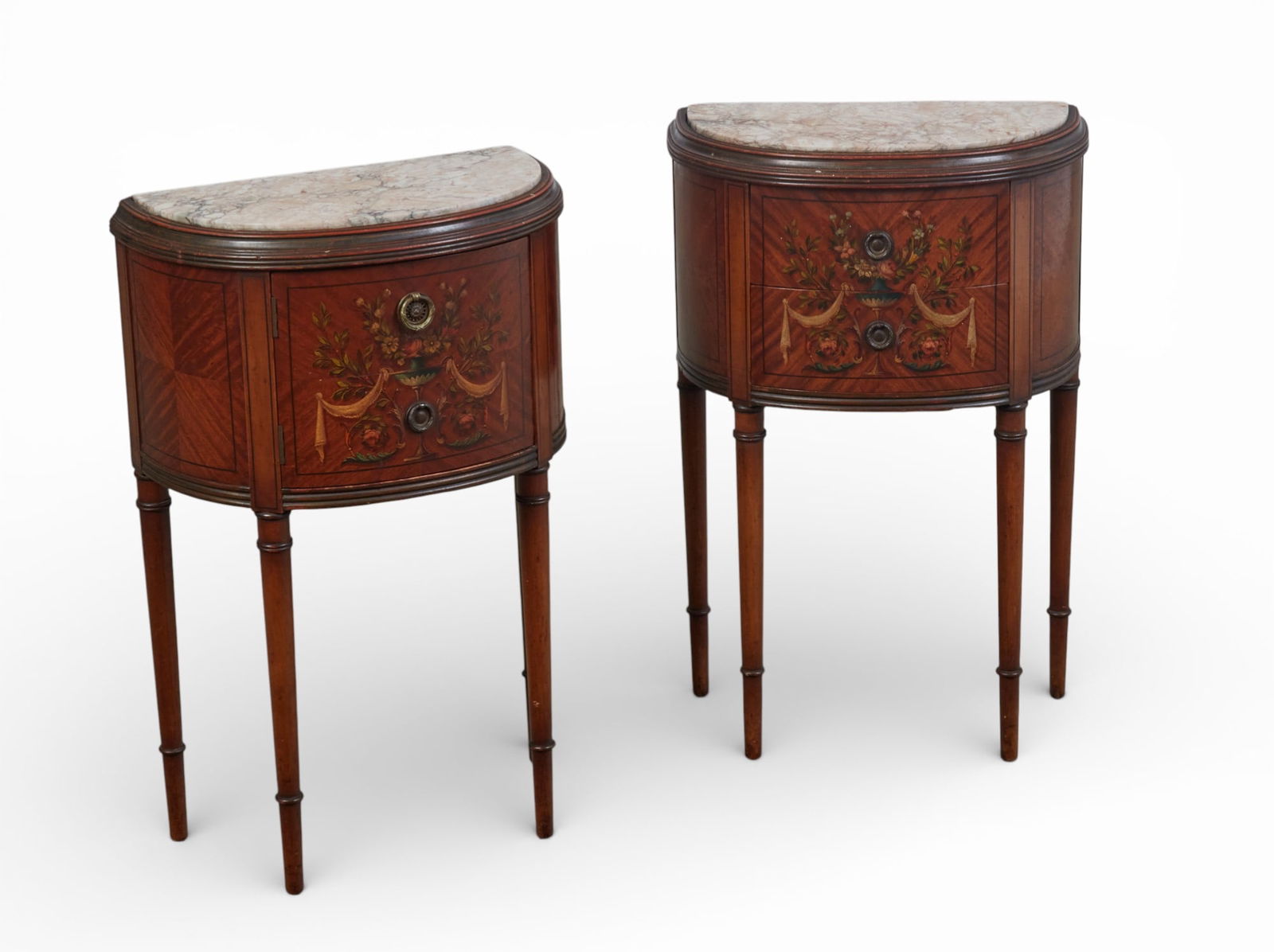 A pair of Louis XVI style demi-lune bedside cabinets with marble top (1 of 8)