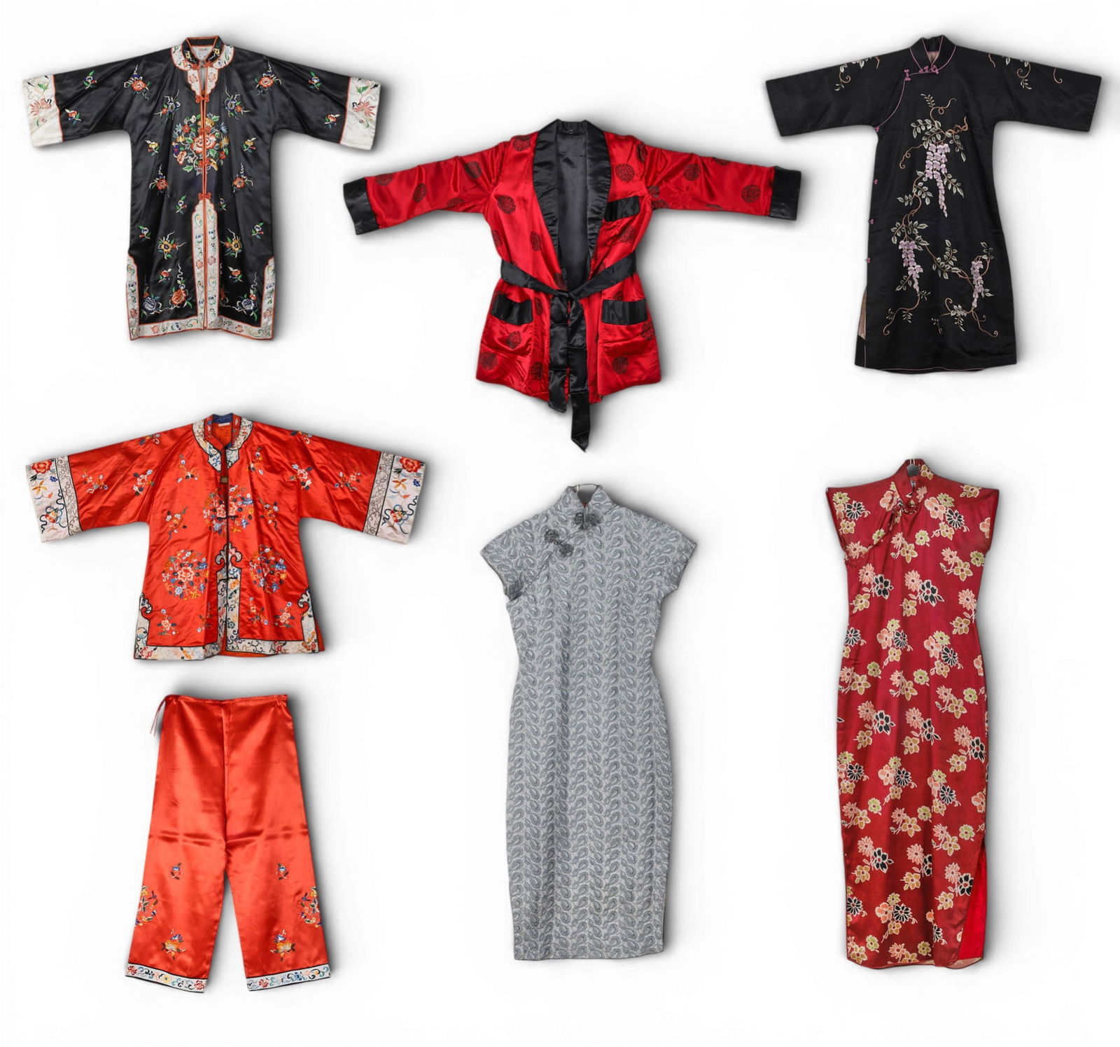 A group of four Chinese dresses together with two jackets and a one pair of pants: A group of four Chinese dresses together with two jackets and a one pair of pants