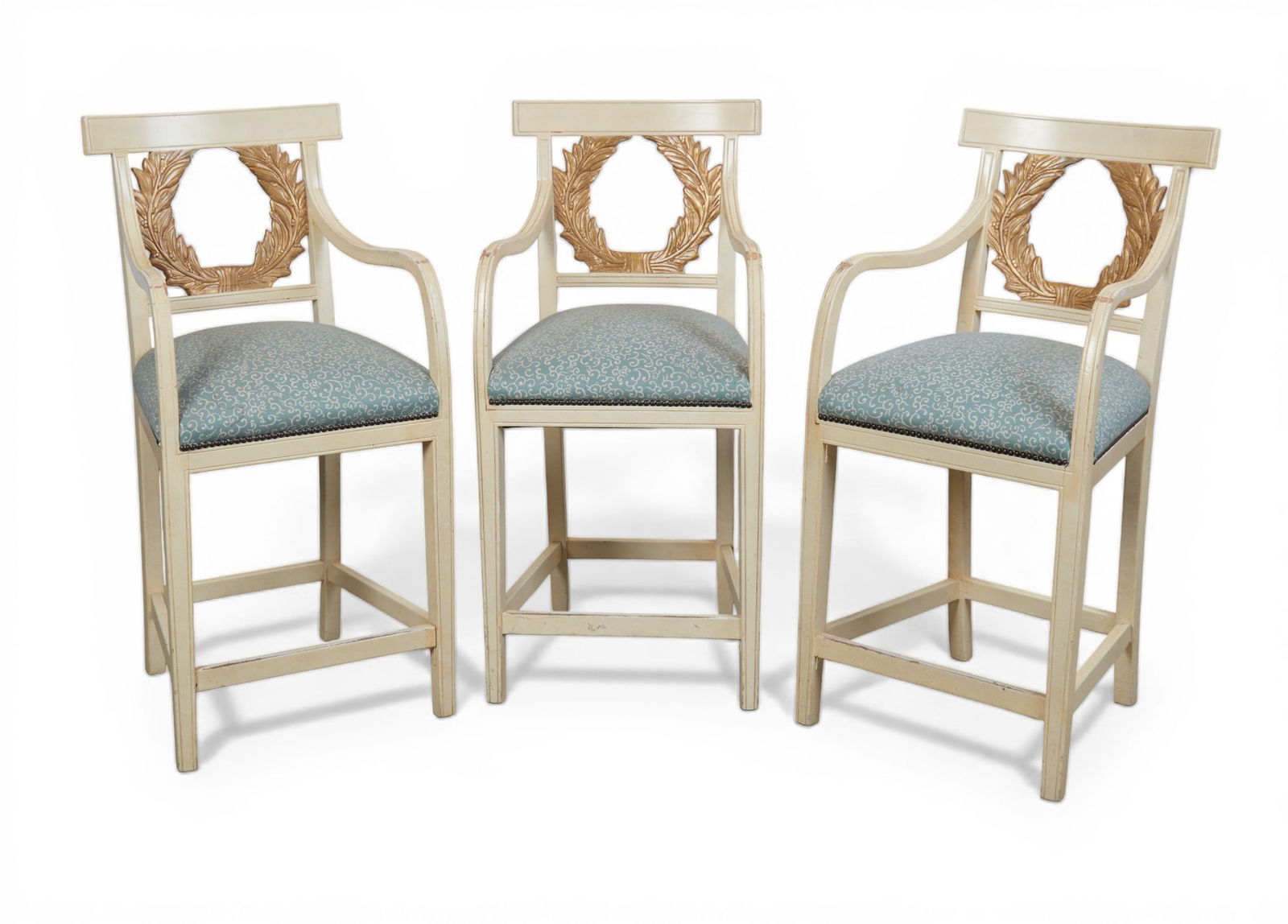 A group of three French empire style bar stools: A group of three French empire style bar stools height 44 1/4 x width 20 x depth 23 in. (112.4 x 50.8 x 58.4 cm.)