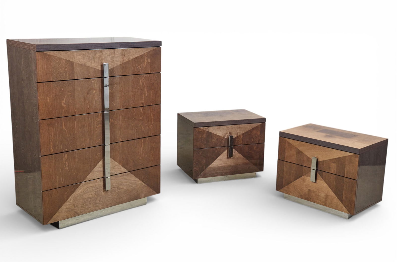 A pair of Italian Design faux walnut and chrome bedside cupboards and matching chest of drawers,: A pair of Italian Design faux walnut and chrome bedside cupboards and matching chest of drawers modern chest height 50in (127cm); width 38in (97cm); depth 19in (48cm)