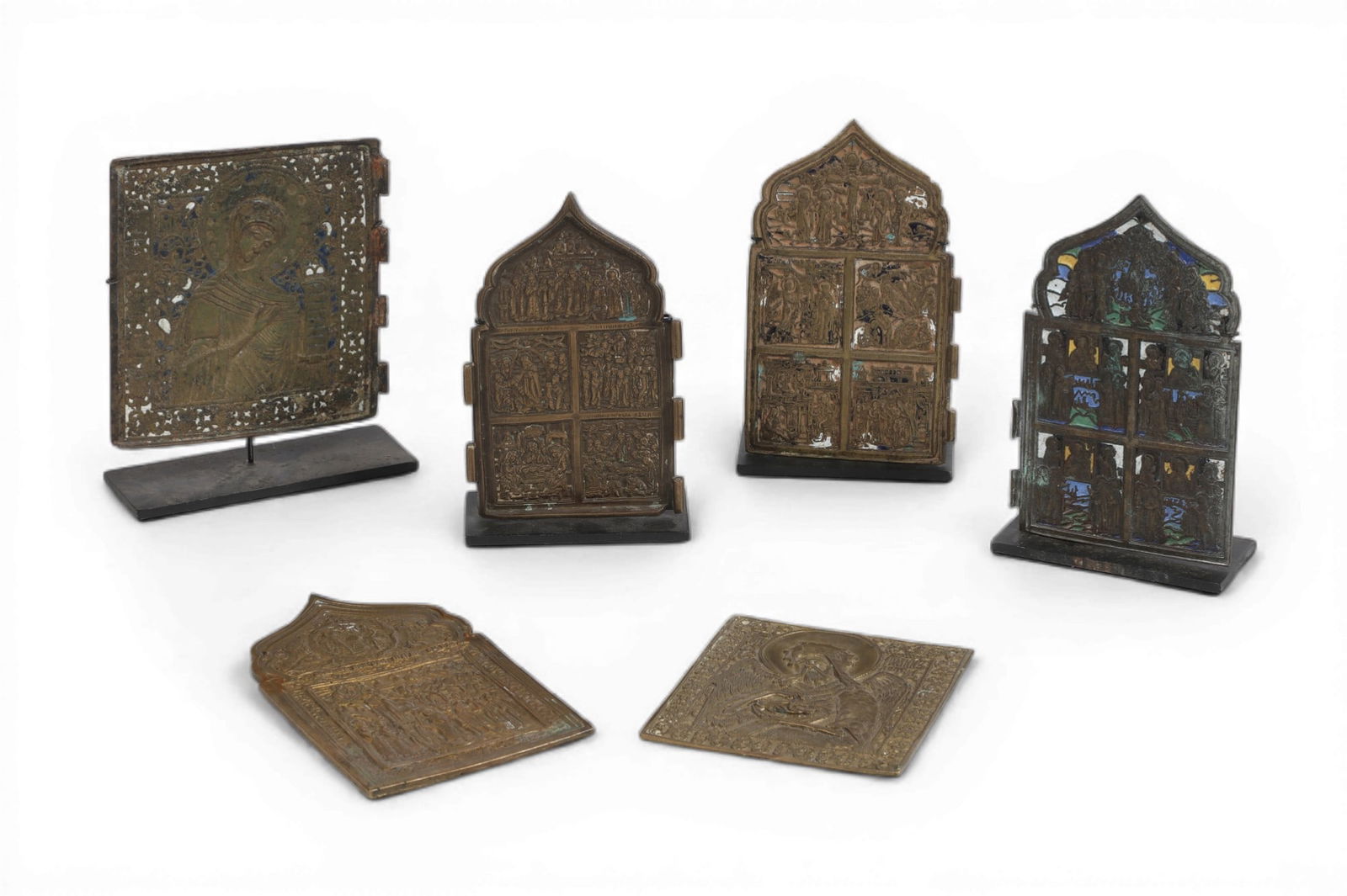 A group of six traveling icons: A group of six traveling icons Tallest: height 7 x width 5 in. (17.8 x 12.7 cm.)