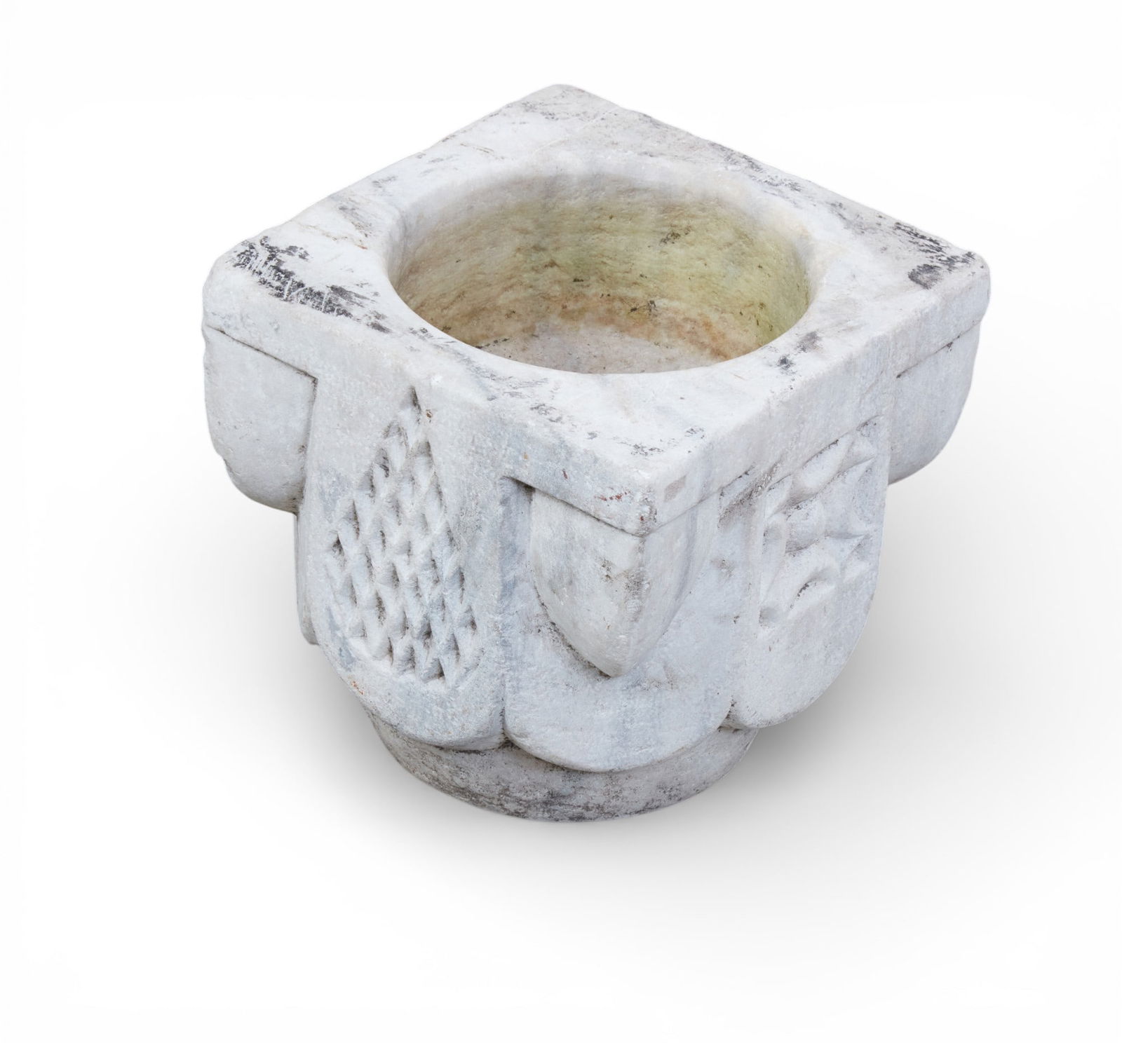 A carved marble mortar pot: A carved marble mortar pot height 11 x width 11 x depth 11 in. (27.9 x 27.9 x 27.9 cm.)