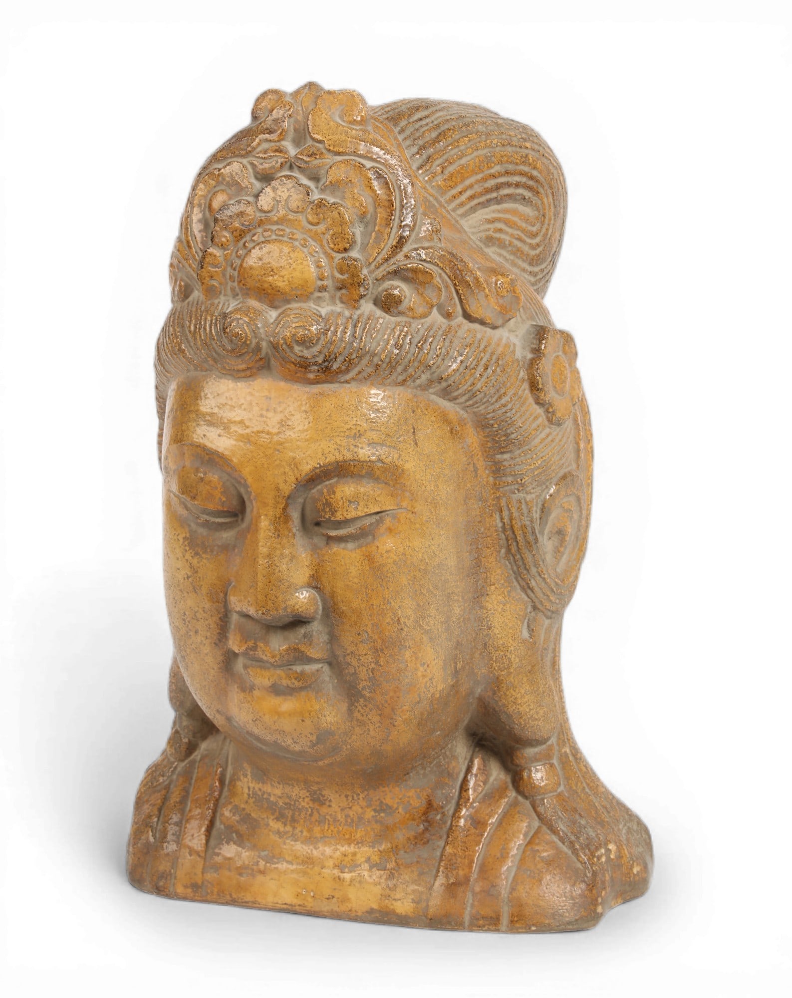 A painted plaster head of Guanyin: A painted plaster head of Guanyin height 18in (46cm); width 11in (28cm); depth 10in (25.5cm)