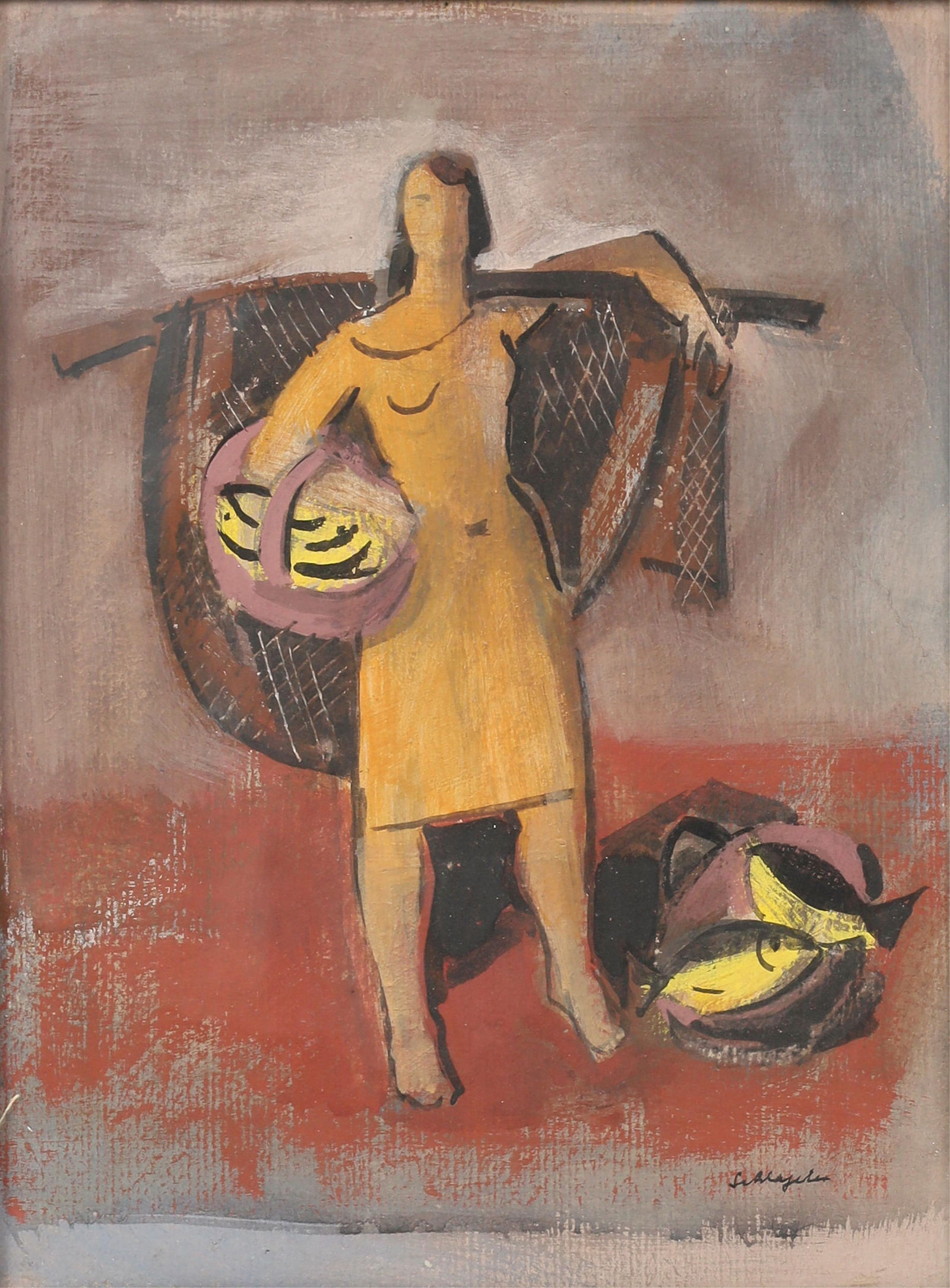 Karl Schlageter (Swiss, 1894-1990), Fisher girl, gouache on paper, height 11 1/2 x width 8 1/2in (29: Karl Schlageter Swiss 1894-1990 Fisher girl gouache on paper signed lower right height 11 1/2 x width 8 1/2in (29 x 22cm) Provenance: With Schoneman Galleries, Inc., New York, New York.