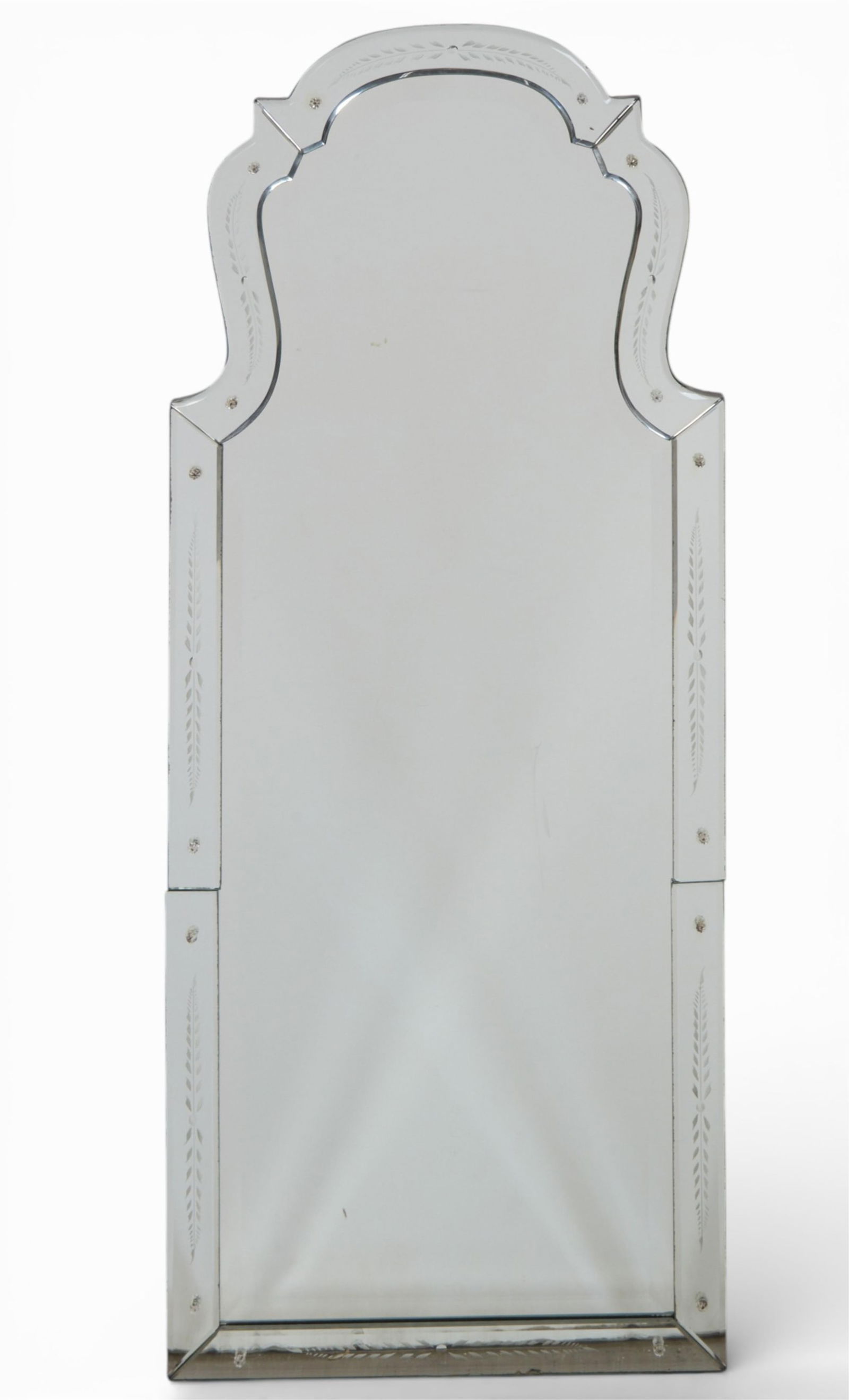 A Venetian style etched mirror, modern: A Venetian style etched mirror modern height 48in (122cm); width 20in (51cm)