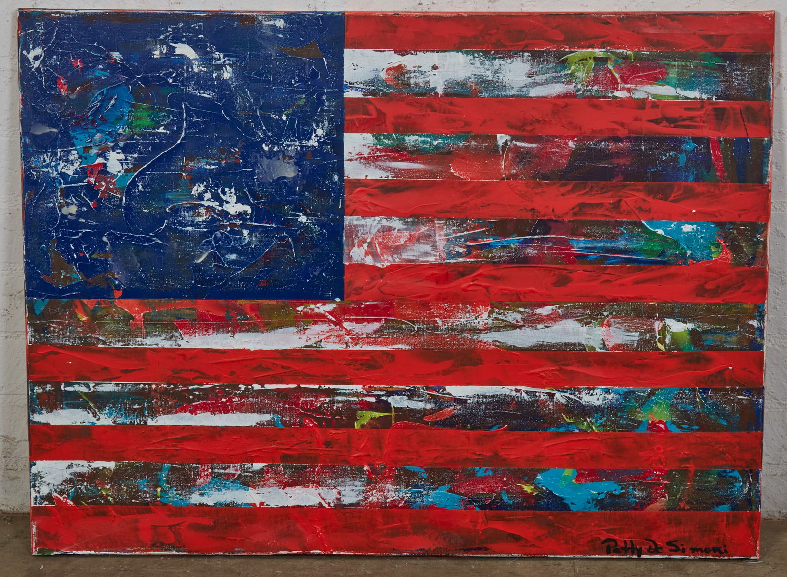 Patty Di Simione (American, 20th century), American Flag, acrylic on canvas, height 30 x width 40in: Patty Di Simione American 20th century American Flag acrylic on canvas signed. height 30 x width 40in (76.2 x 101.6 cm)