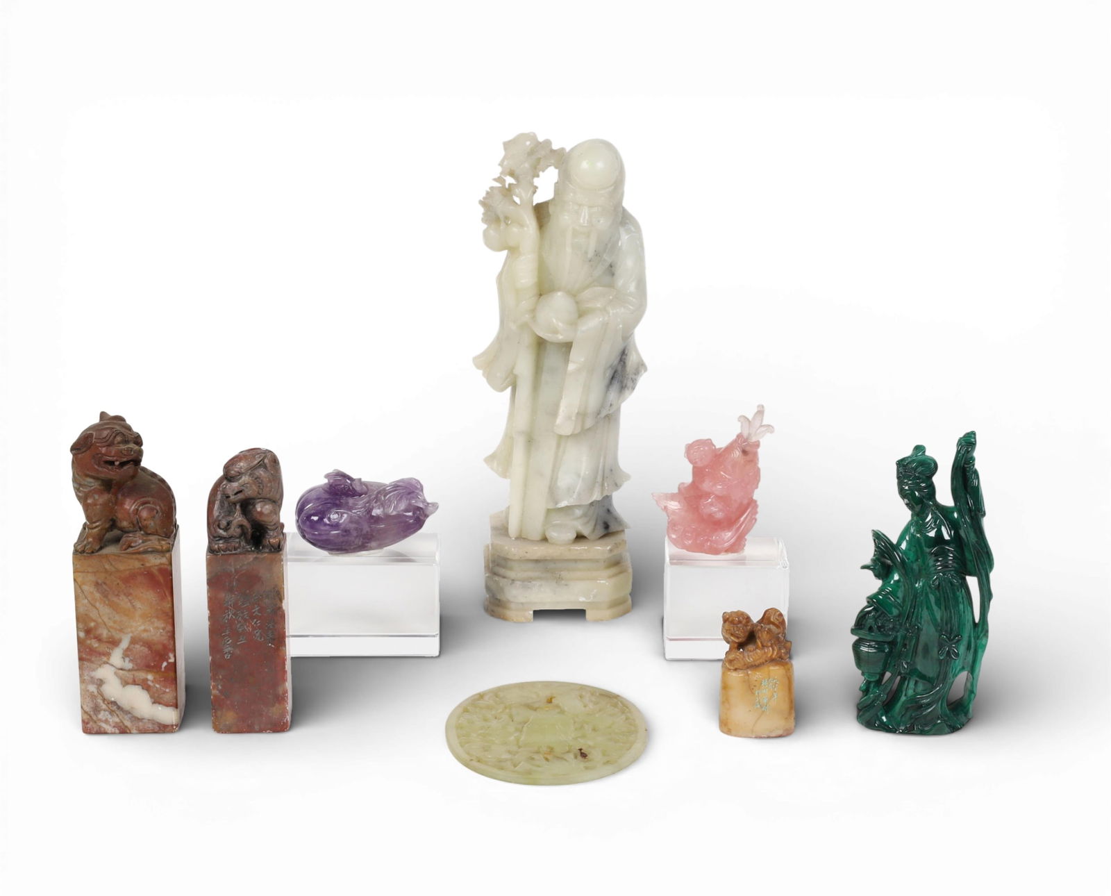 A group of eight Chinese carvings malachite,rose quartz,amethyst etc. (1 of 4)