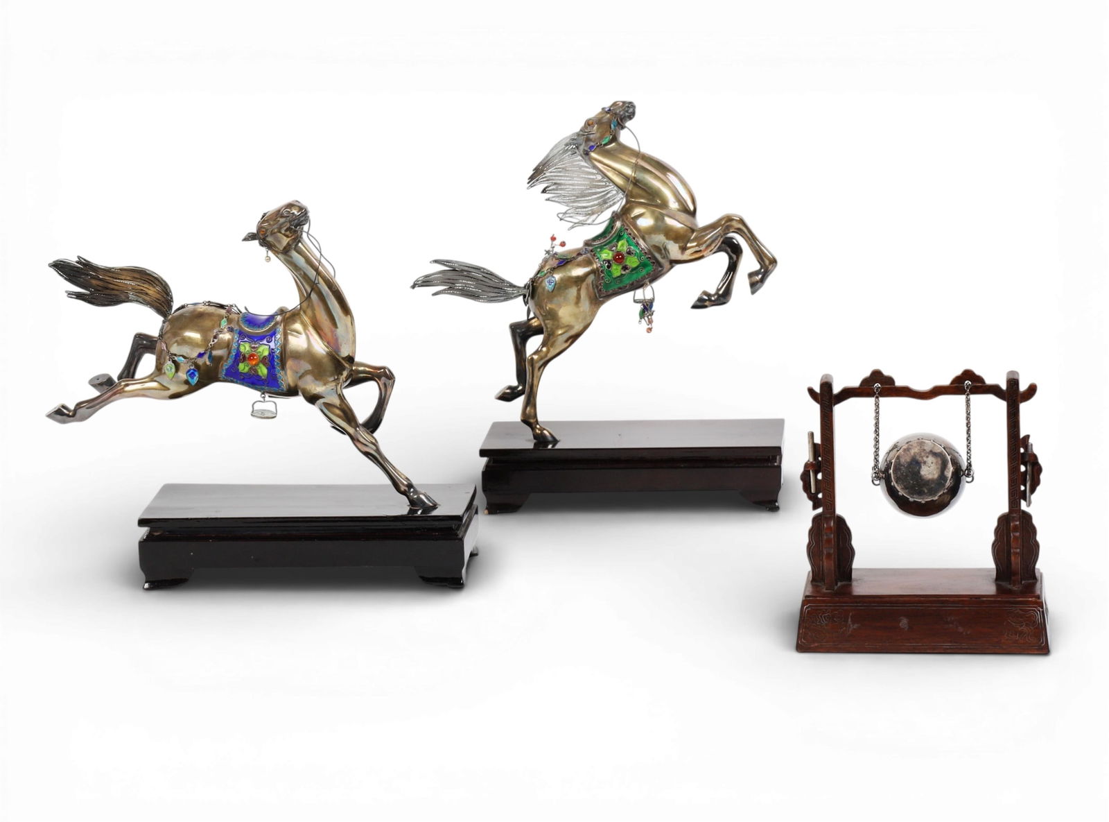 A pair of chinese sterling silver and enamel horses together with a silver drum on a wooden stand (1 of 6)