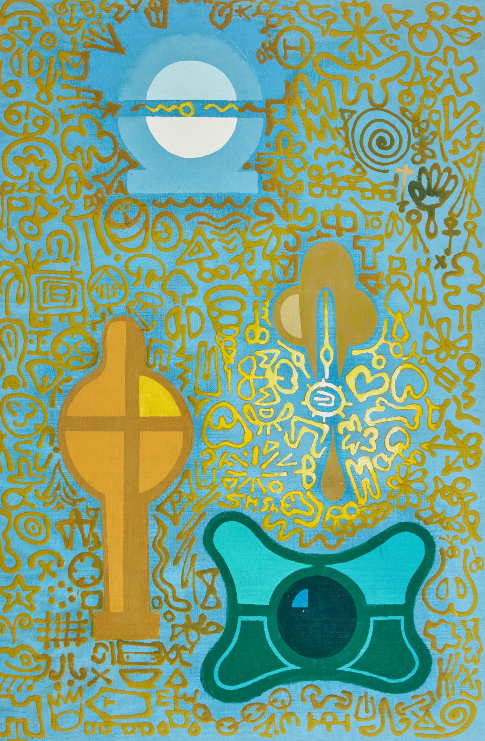 Richard Klix (American, b. 1928), Symbol Structure #30, 1963, casein and oil emulsion on masonite,: Richard Klix American b. 1928 Symbol Structure #30, 1963 casein and oil emulsion on masonite 48 x 30in (122 x 76cm) Provenance: With Esther Robles Gallery, Los Angeles.